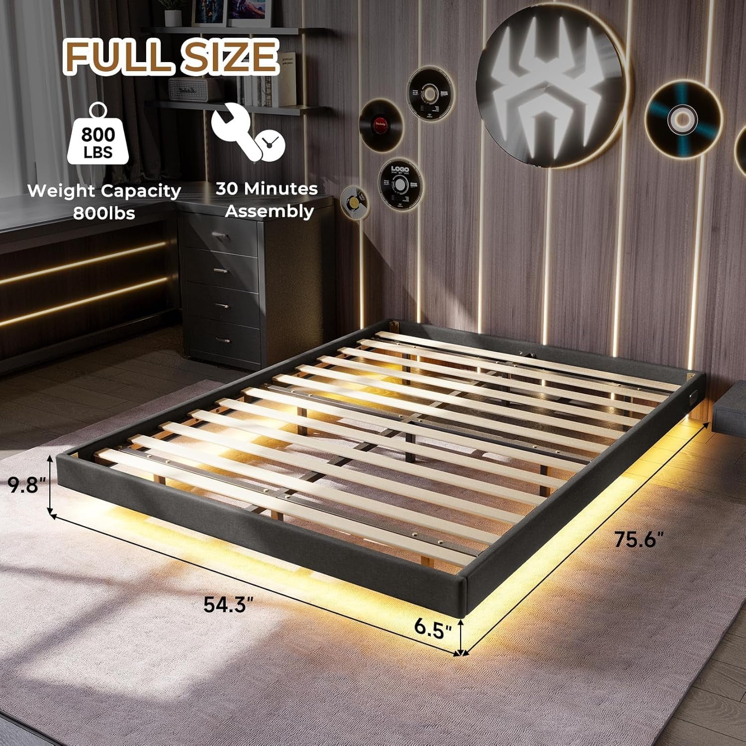 Floating Full Bed Frame with RGB LED Lights and Type-C&USB Ports