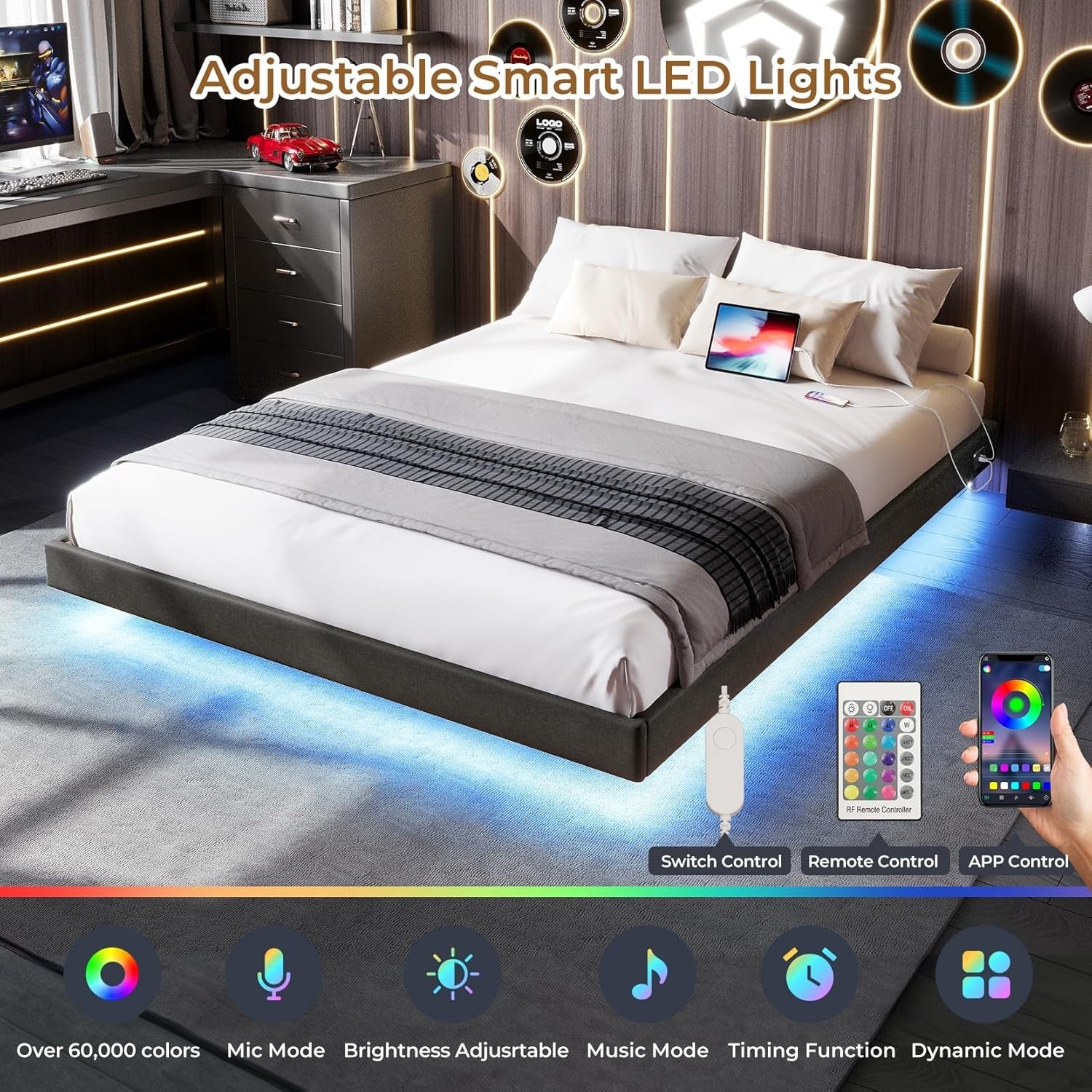 Floating Full Bed Frame with RGB LED Lights and Type-C&USB Ports