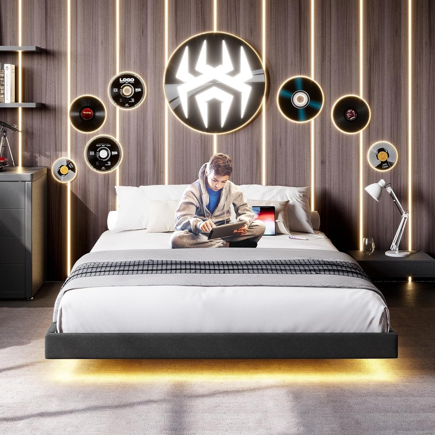 Floating Full Bed Frame with RGB LED Lights and Type-C&USB Ports