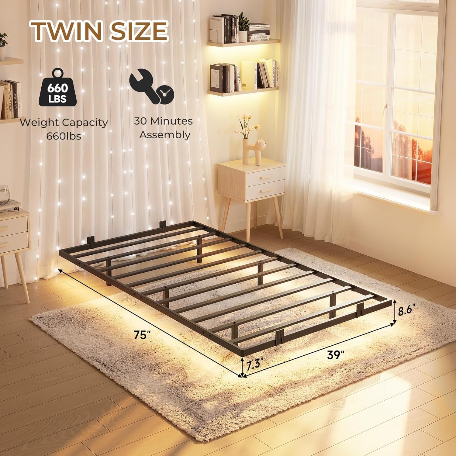 Floating Full Bed Frame with RGB LED Lights and Type-C&USB Ports