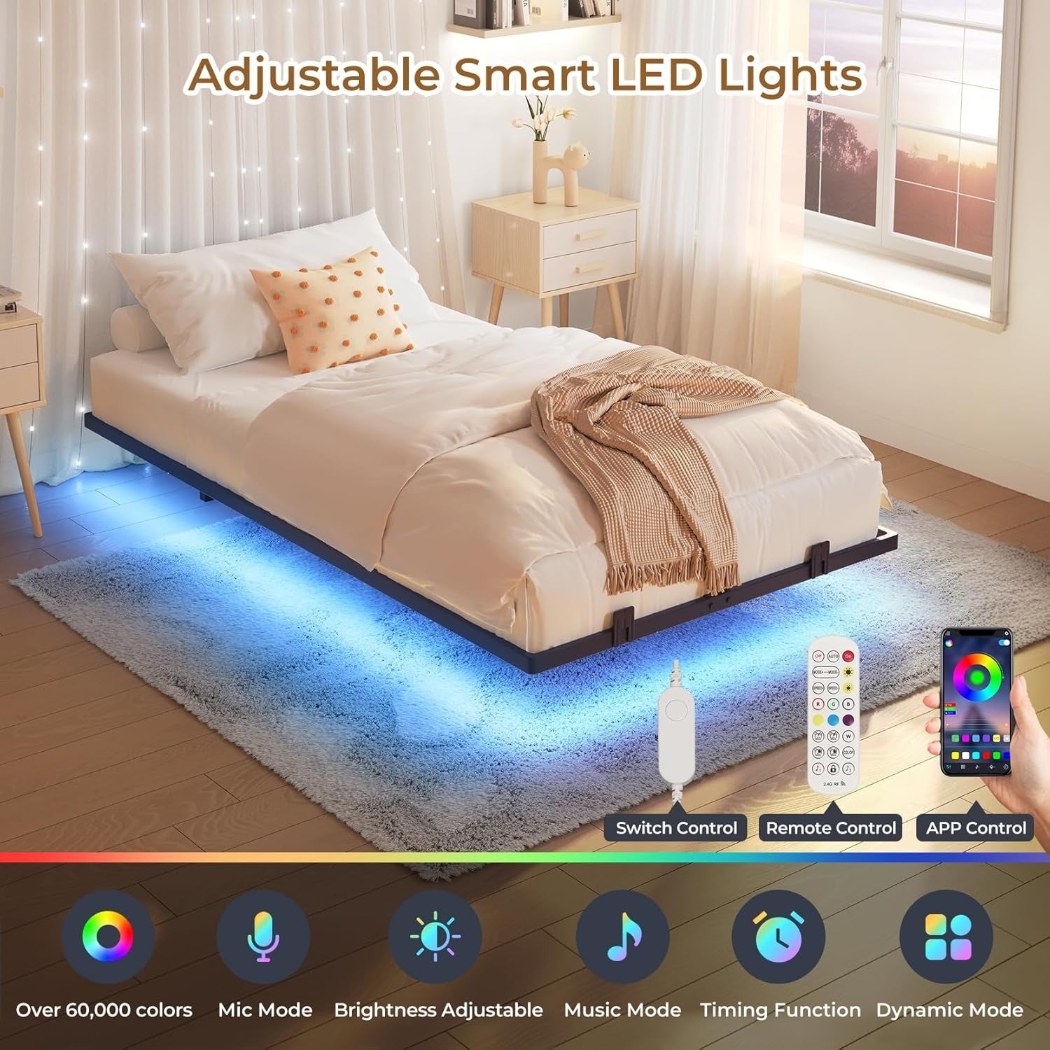 Floating Full Bed Frame with RGB LED Lights and Type-C&USB Ports