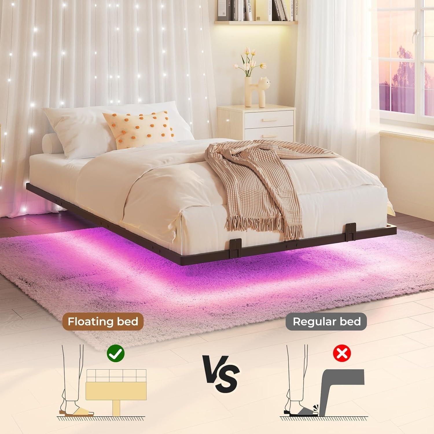 Floating Full Bed Frame with RGB LED Lights and Type-C&USB Ports