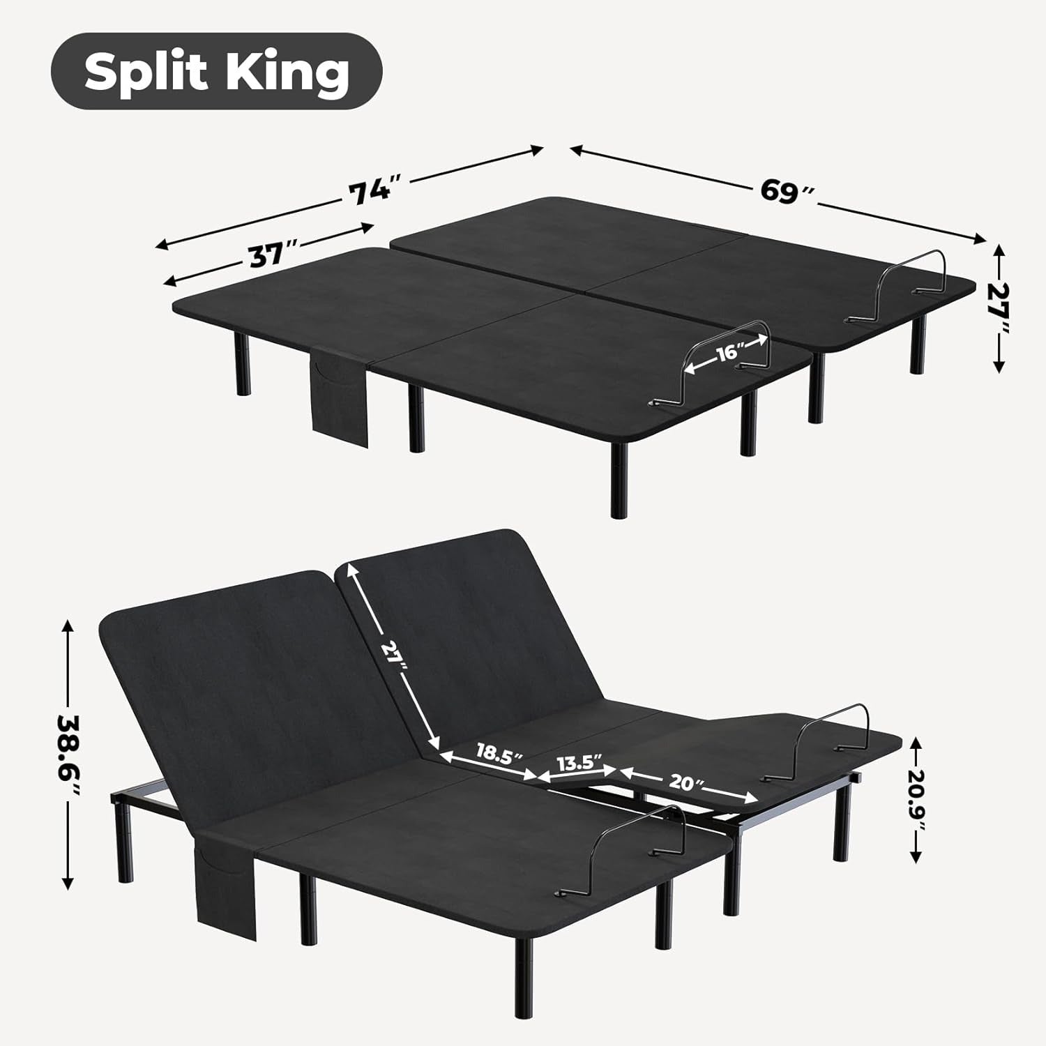 Adjustable Bed Frame Split King with 5 Height Options