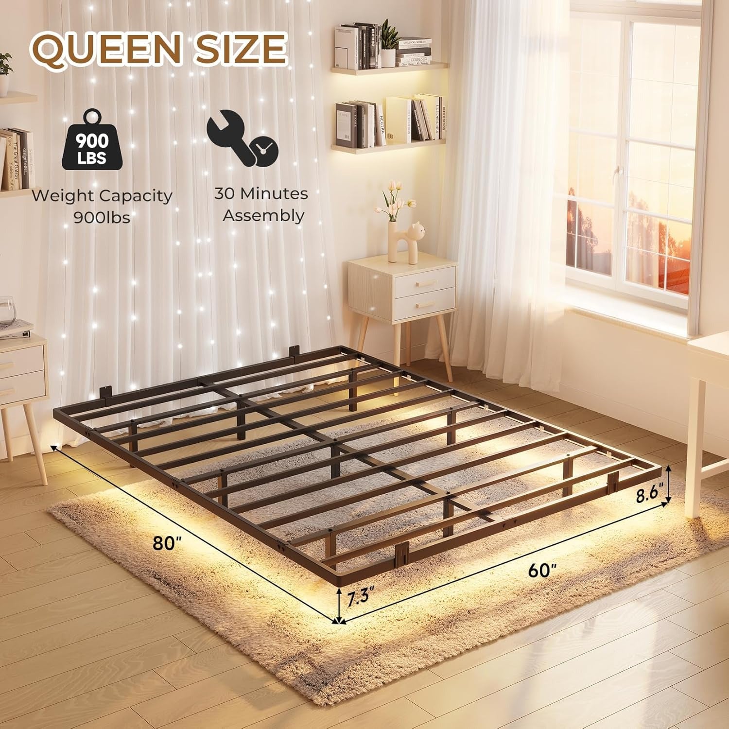 Floating Full Bed Frame with RGB LED Lights and Type-C&USB Ports