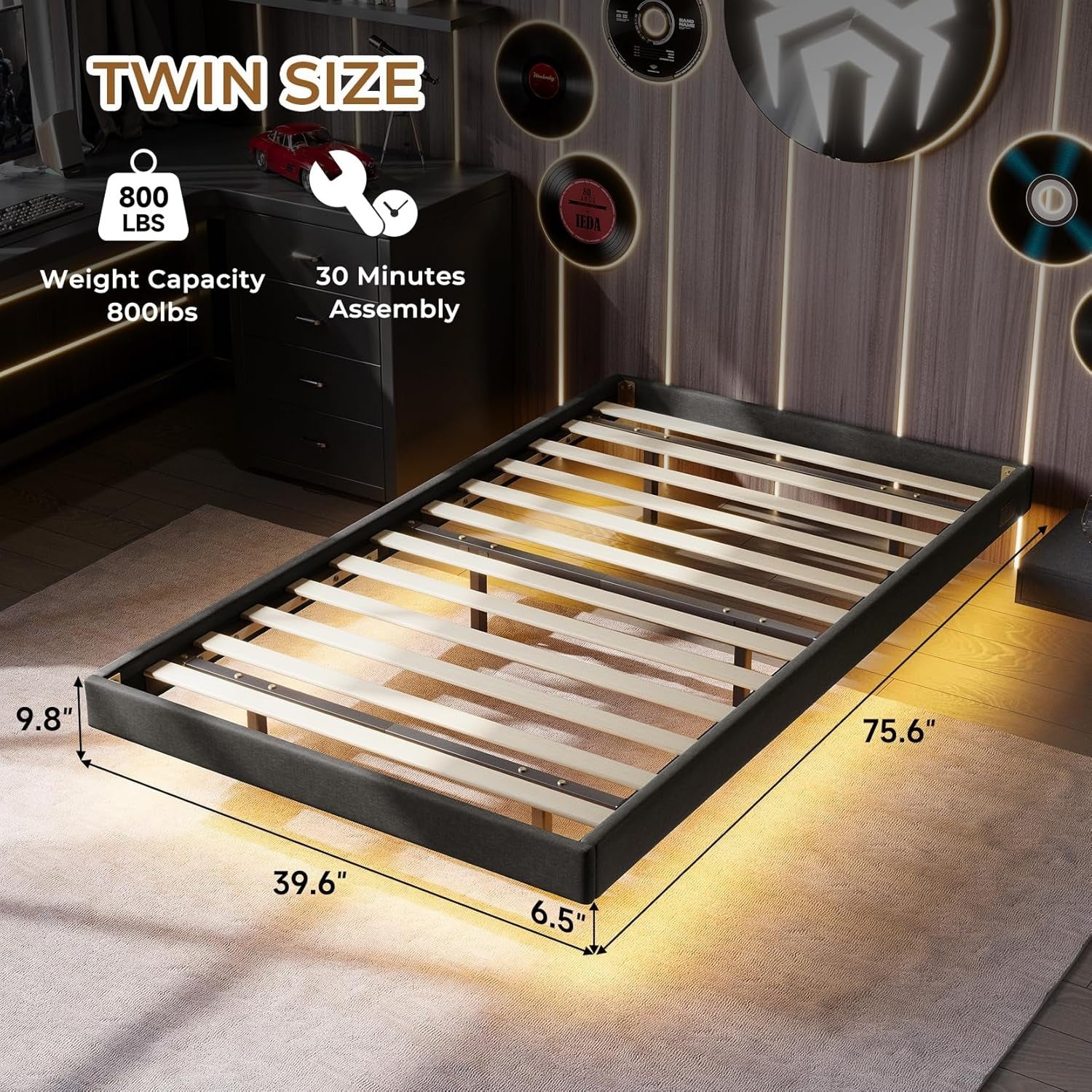 Floating Full Bed Frame with RGB LED Lights and Type-C&USB Ports