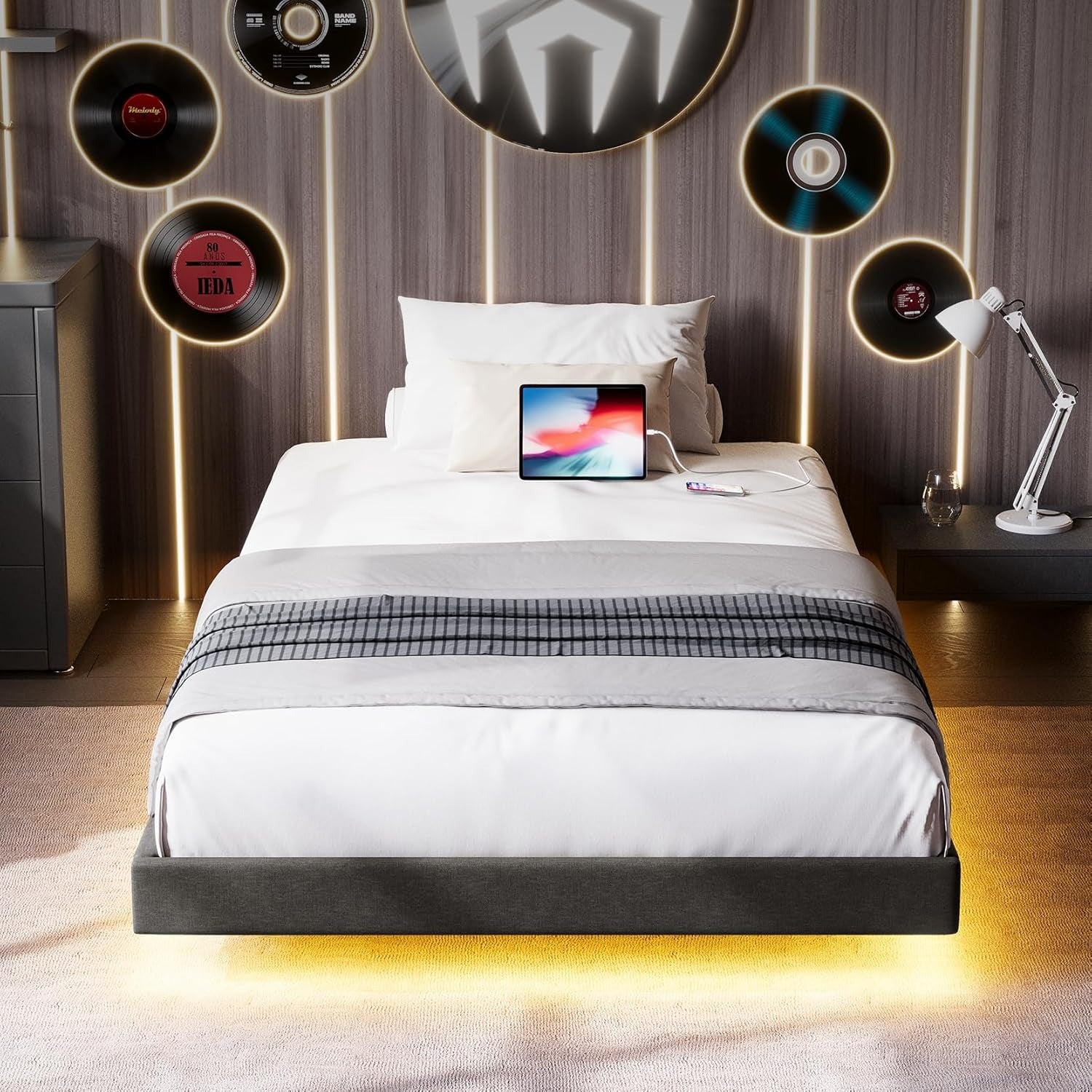 Floating Full Bed Frame with RGB LED Lights and Type-C&USB Ports