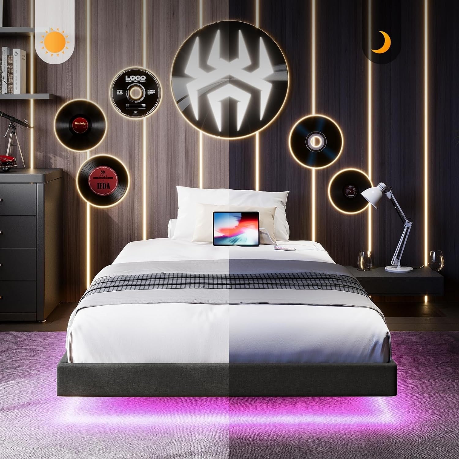 Floating Full Bed Frame with RGB LED Lights and Type-C&USB Ports