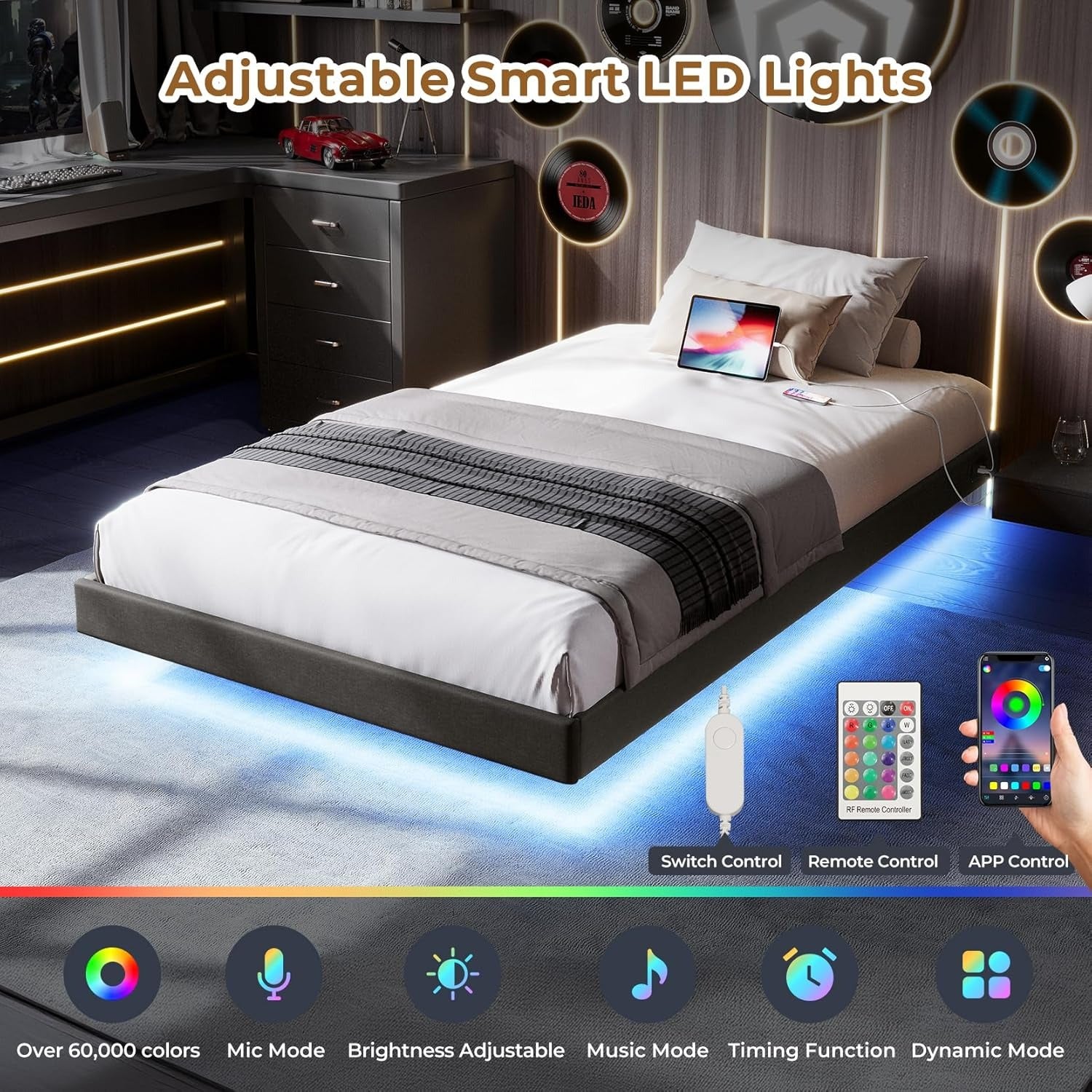 Floating Full Bed Frame with RGB LED Lights and Type-C&USB Ports