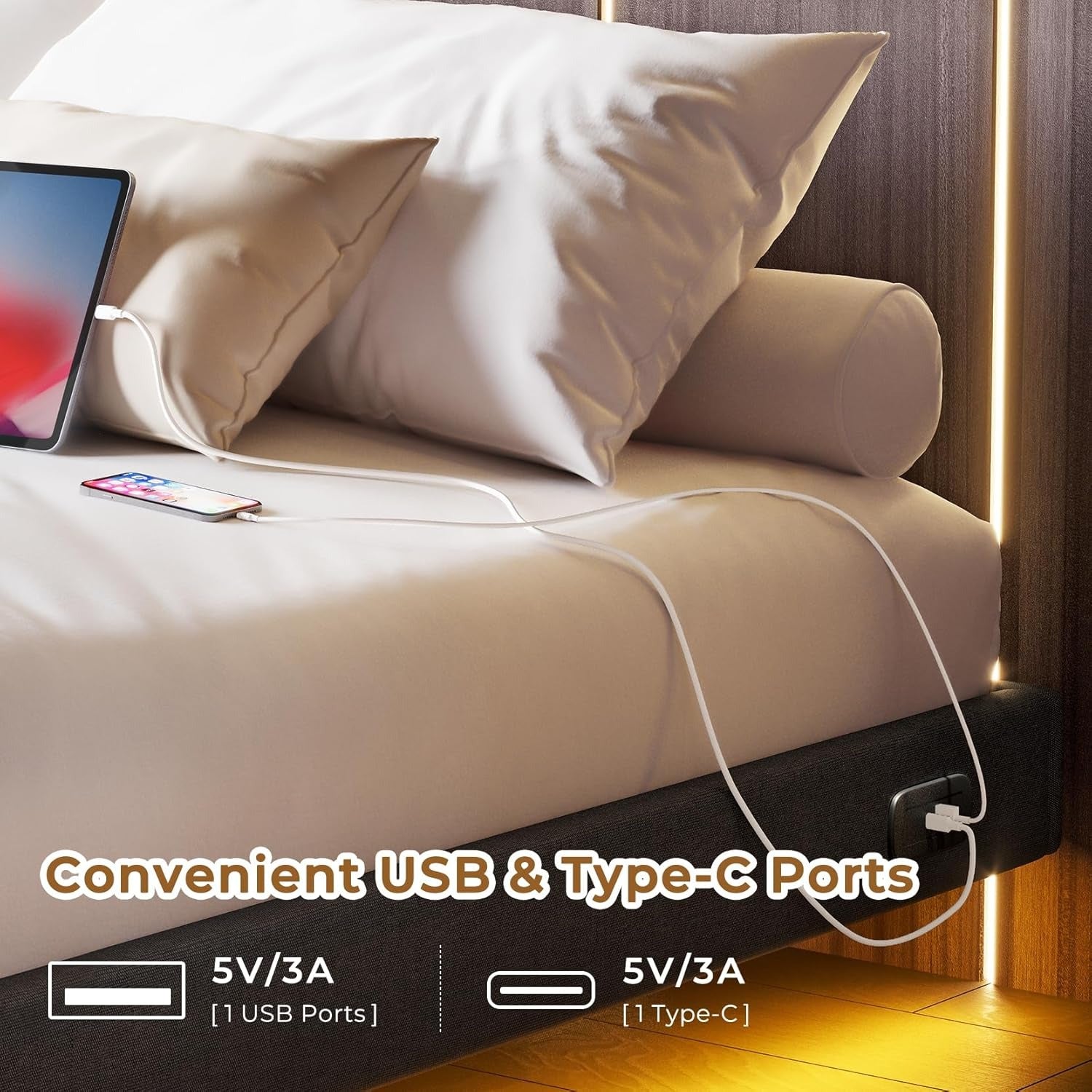 Floating Full Bed Frame with RGB LED Lights and Type-C&USB Ports