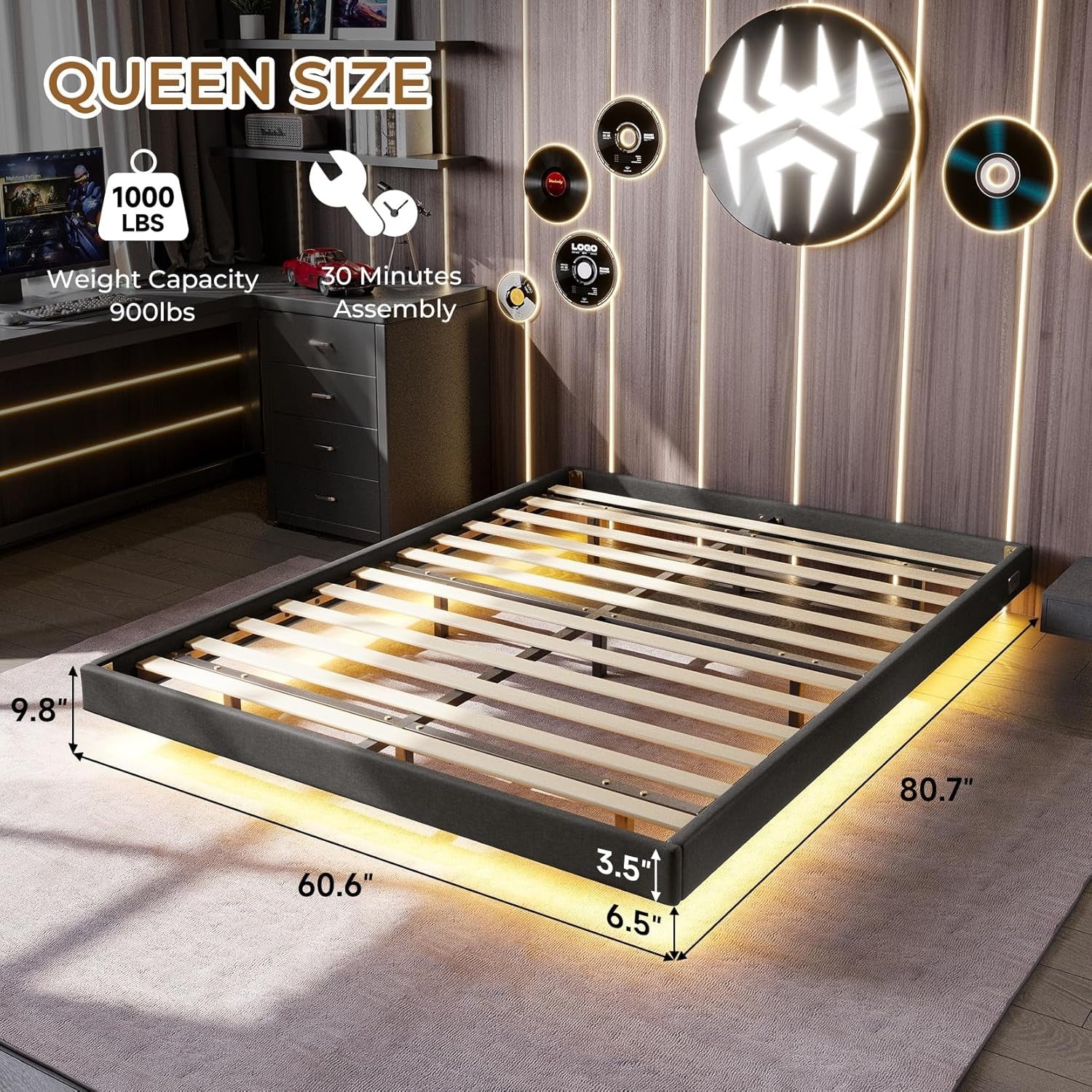 Floating Full Bed Frame with RGB LED Lights and Type-C&USB Ports