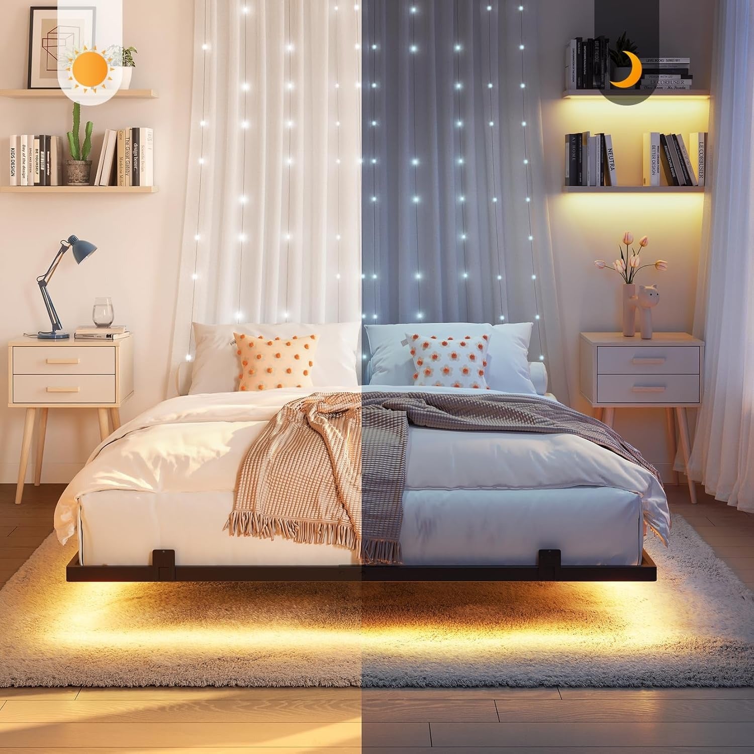 Floating Full Bed Frame with RGB LED Lights and Type-C&USB Ports