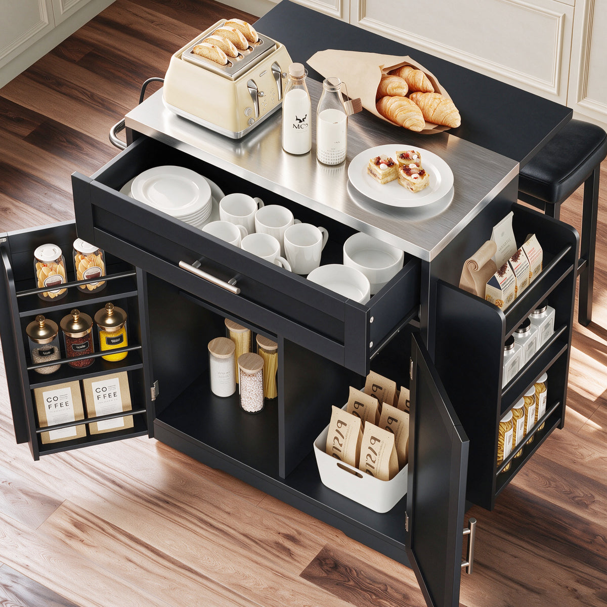 Concho 41" Kitchen Island with Stainless Steel Countertop and Seating