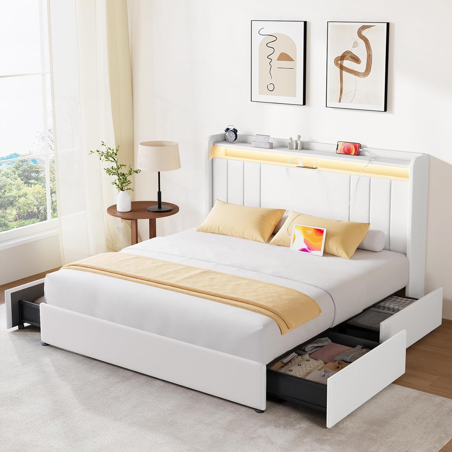 Upholstered Bed Frame with 4 Storage Drawers,wingback Platform Bed Frames with RGB LED & USB Charging