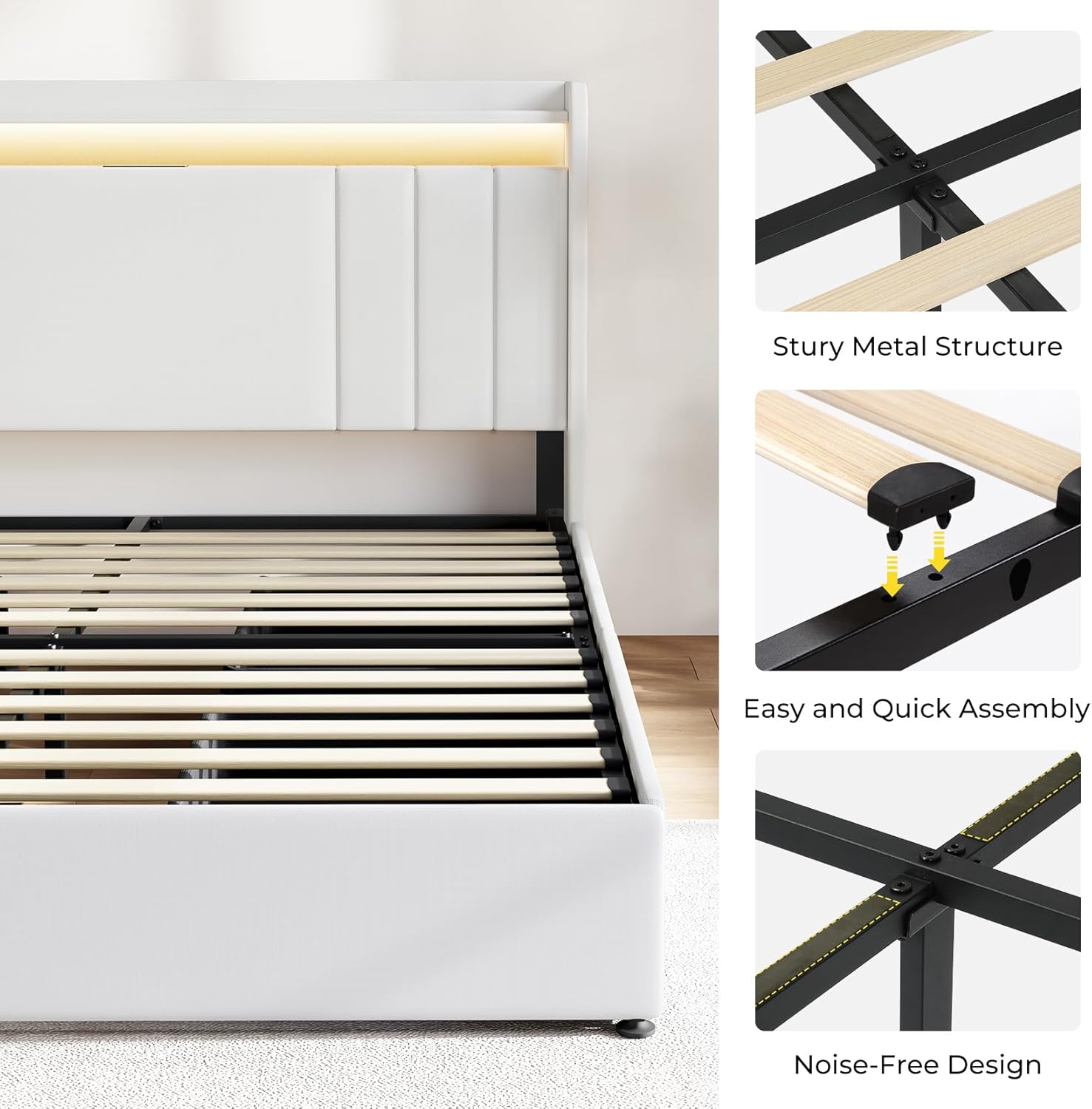 Upholstered Bed Frame with 4 Storage Drawers,wingback Platform Bed Frames with RGB LED & USB Charging