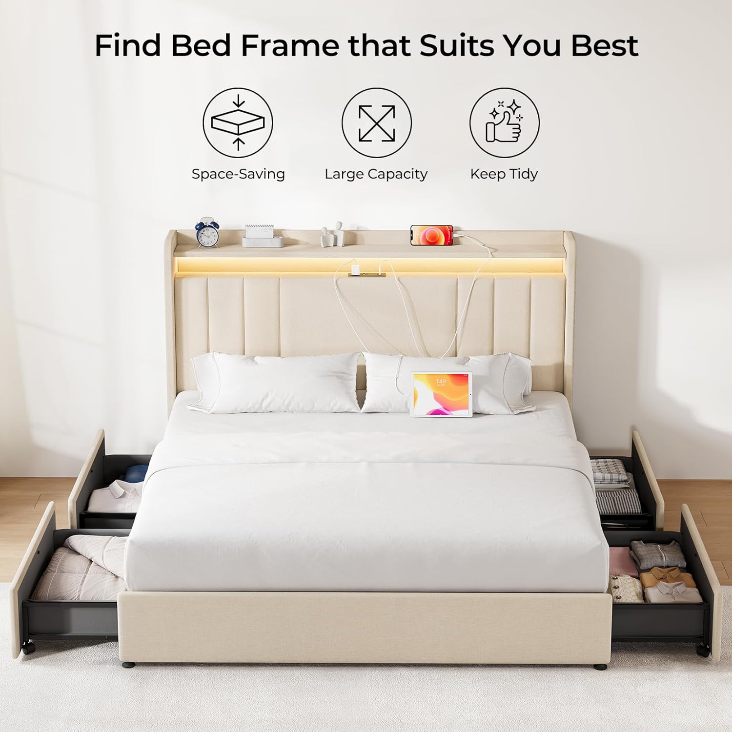 Upholstered Bed Frame with 4 Storage Drawers,wingback Platform Bed Frames with RGB LED & USB Charging