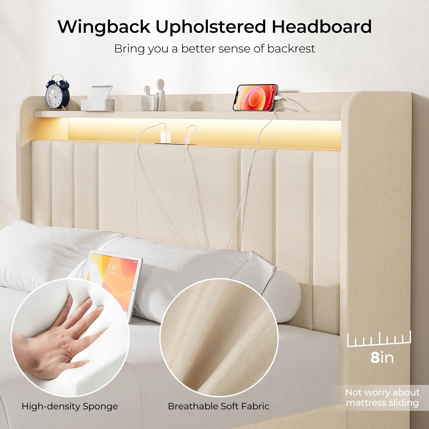 Upholstered Bed Frame with 4 Storage Drawers,wingback Platform Bed Frames with RGB LED & USB Charging