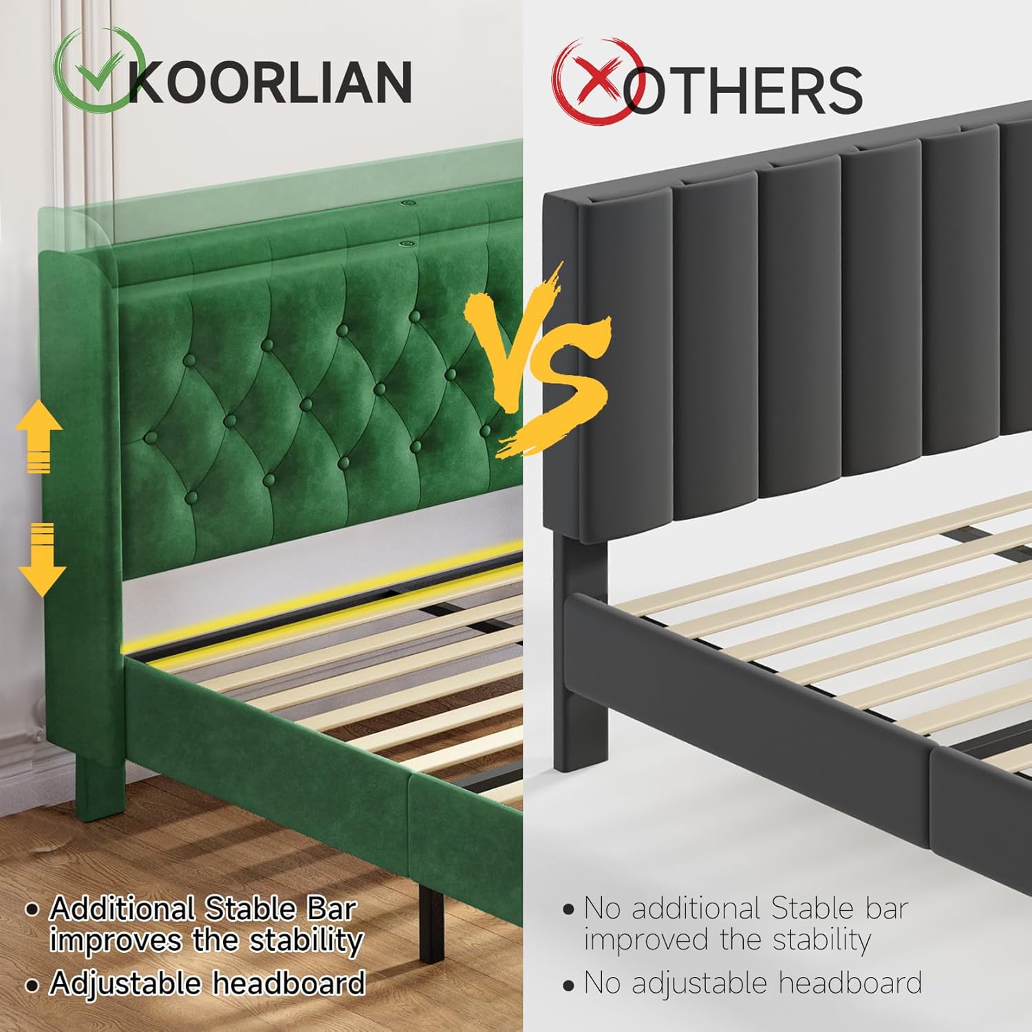 Bed Frame with Wingback Storage Headboard, Adjustable Velvet Upholstered Bed Frame