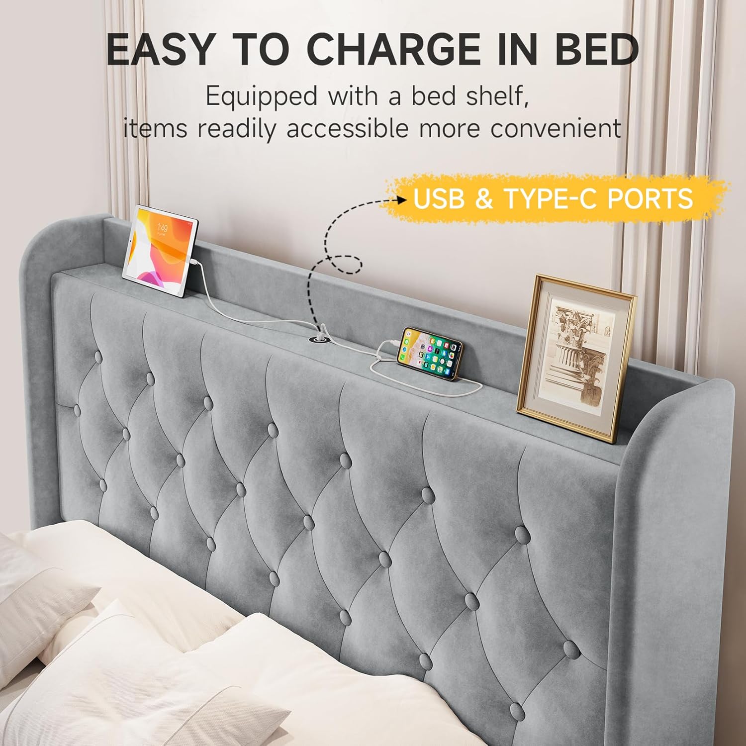 Bed Frame with Wingback Storage Headboard, Adjustable Velvet Upholstered Bed Frame