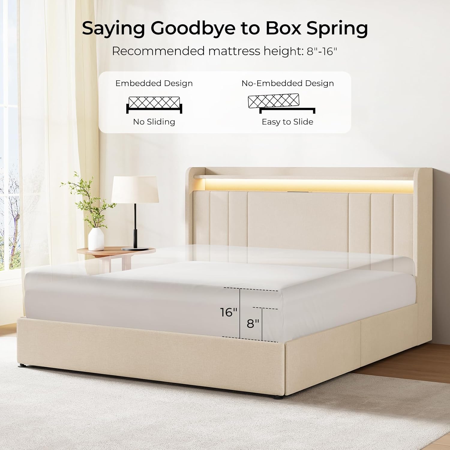 Upholstered Bed Frame with 4 Storage Drawers,wingback Platform Bed Frames with RGB LED & USB Charging