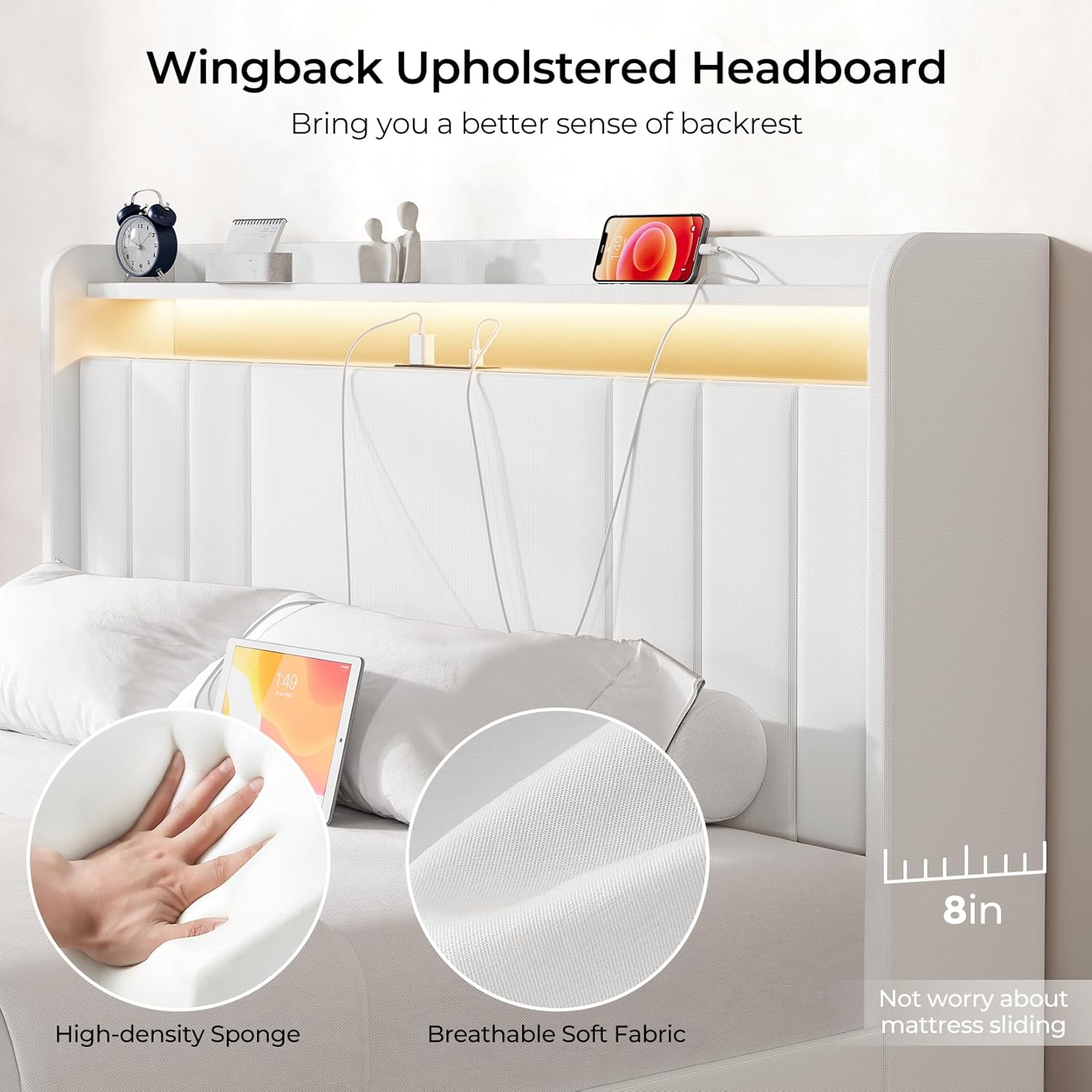 Upholstered Bed Frame with 4 Storage Drawers,wingback Platform Bed Frames with RGB LED & USB Charging