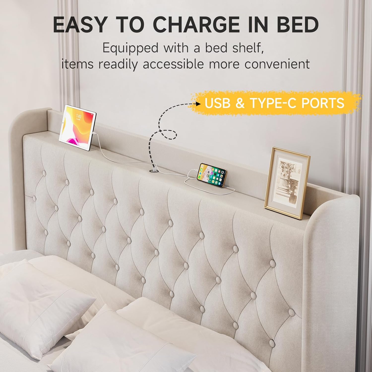 Bed Frame with Wingback Storage Headboard, Adjustable Velvet Upholstered Bed Frame