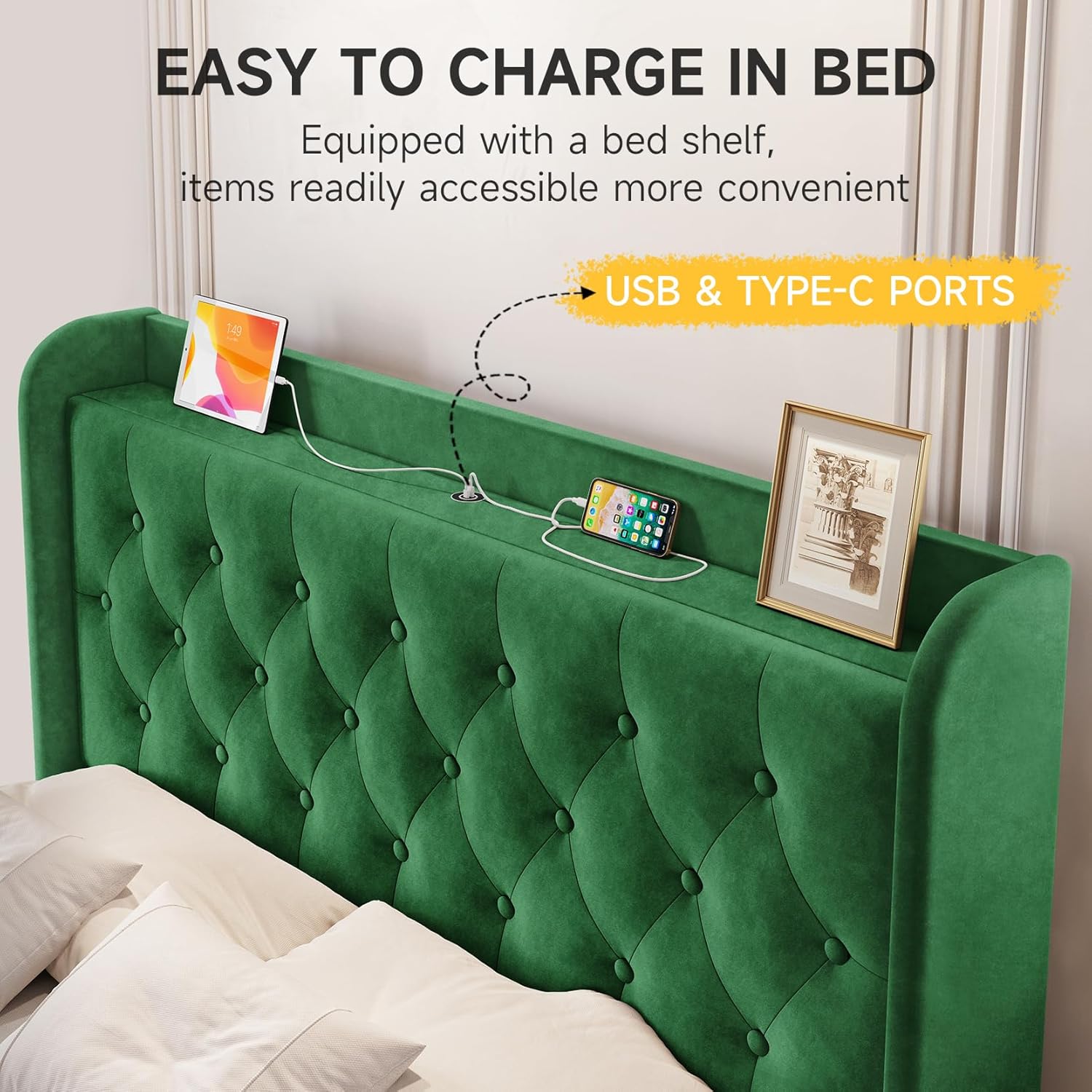 Bed Frame with Wingback Storage Headboard, Adjustable Velvet Upholstered Bed Frame