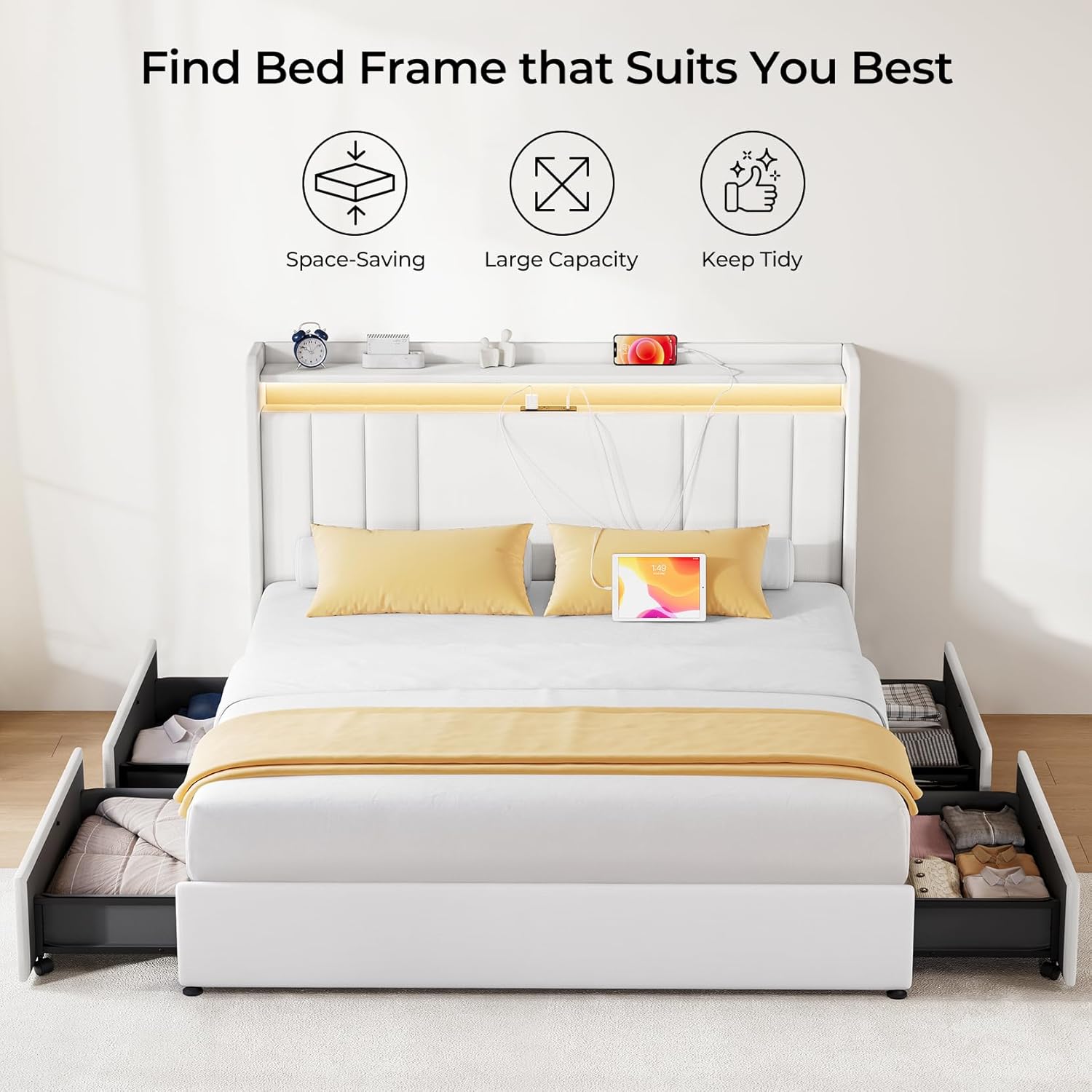 Upholstered Bed Frame with 4 Storage Drawers,wingback Platform Bed Frames with RGB LED & USB Charging