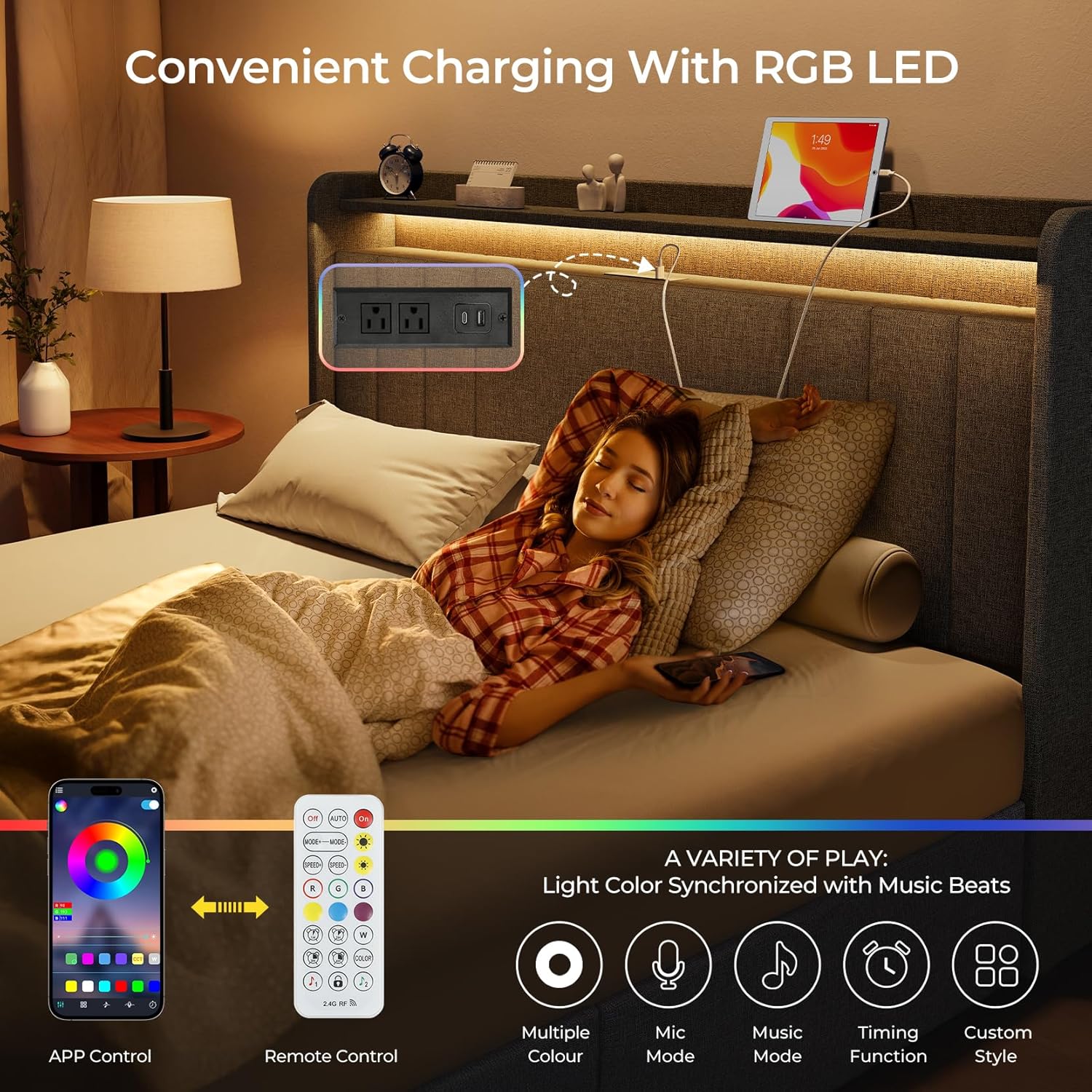 Upholstered Bed Frame with 4 Storage Drawers,wingback Platform Bed Frames with RGB LED & USB Charging