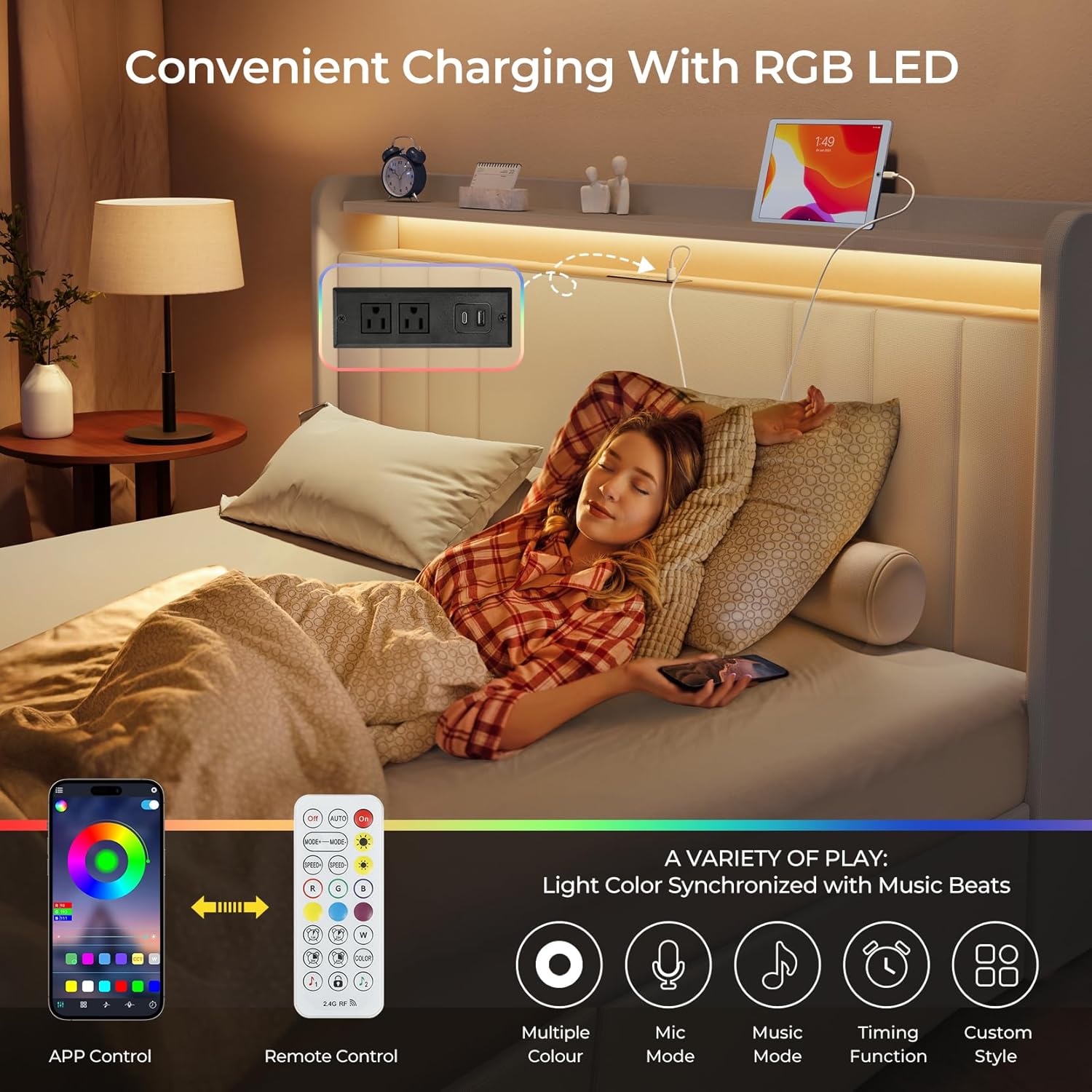 Upholstered Bed Frame with 4 Storage Drawers,wingback Platform Bed Frames with RGB LED & USB Charging