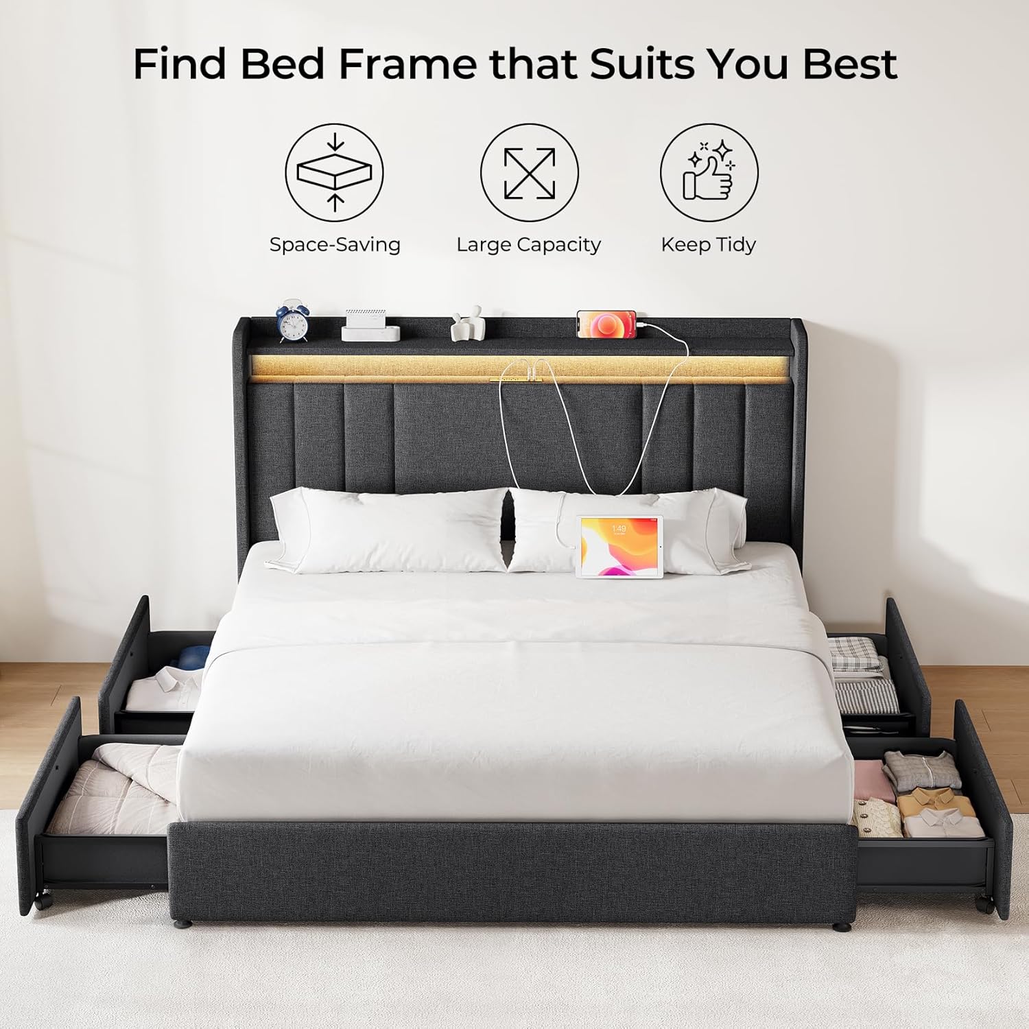Upholstered Bed Frame with 4 Storage Drawers,wingback Platform Bed Frames with RGB LED & USB Charging