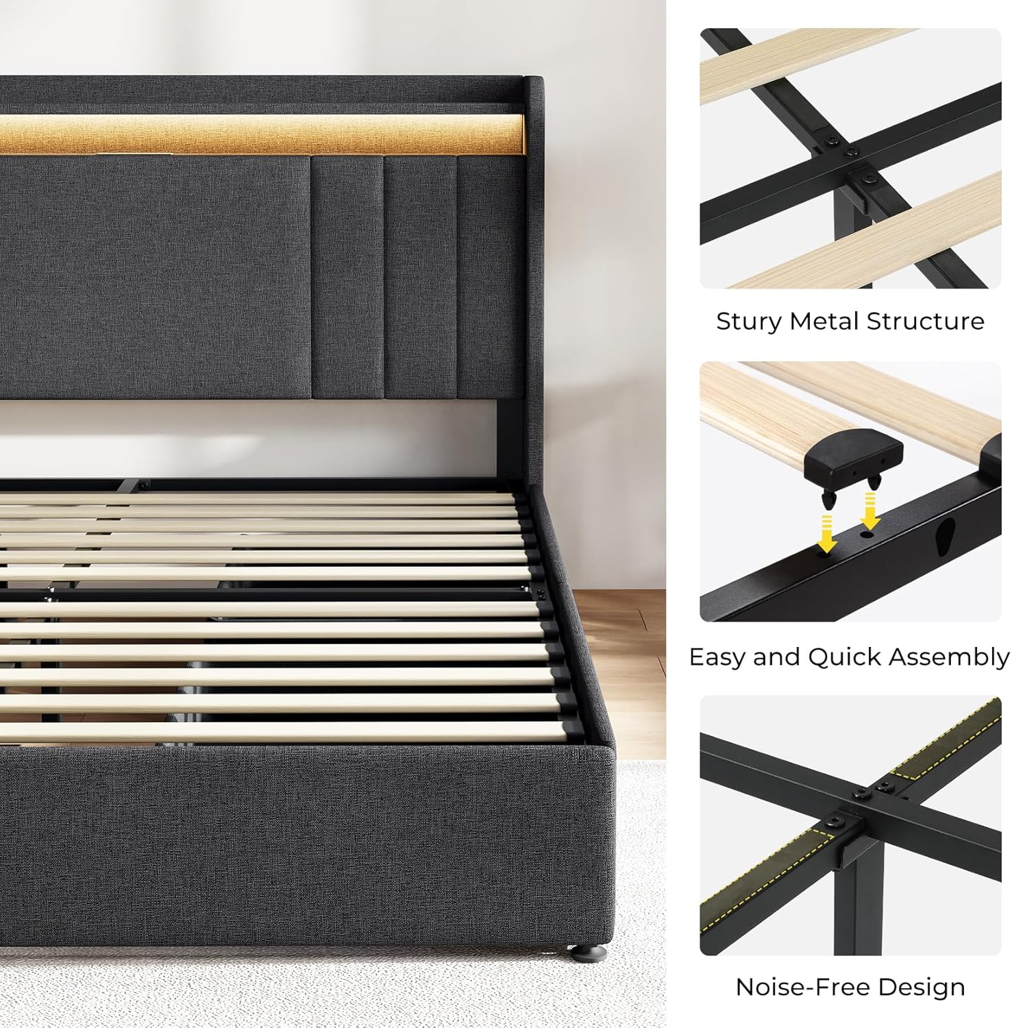 Upholstered Bed Frame with 4 Storage Drawers,wingback Platform Bed Frames with RGB LED & USB Charging