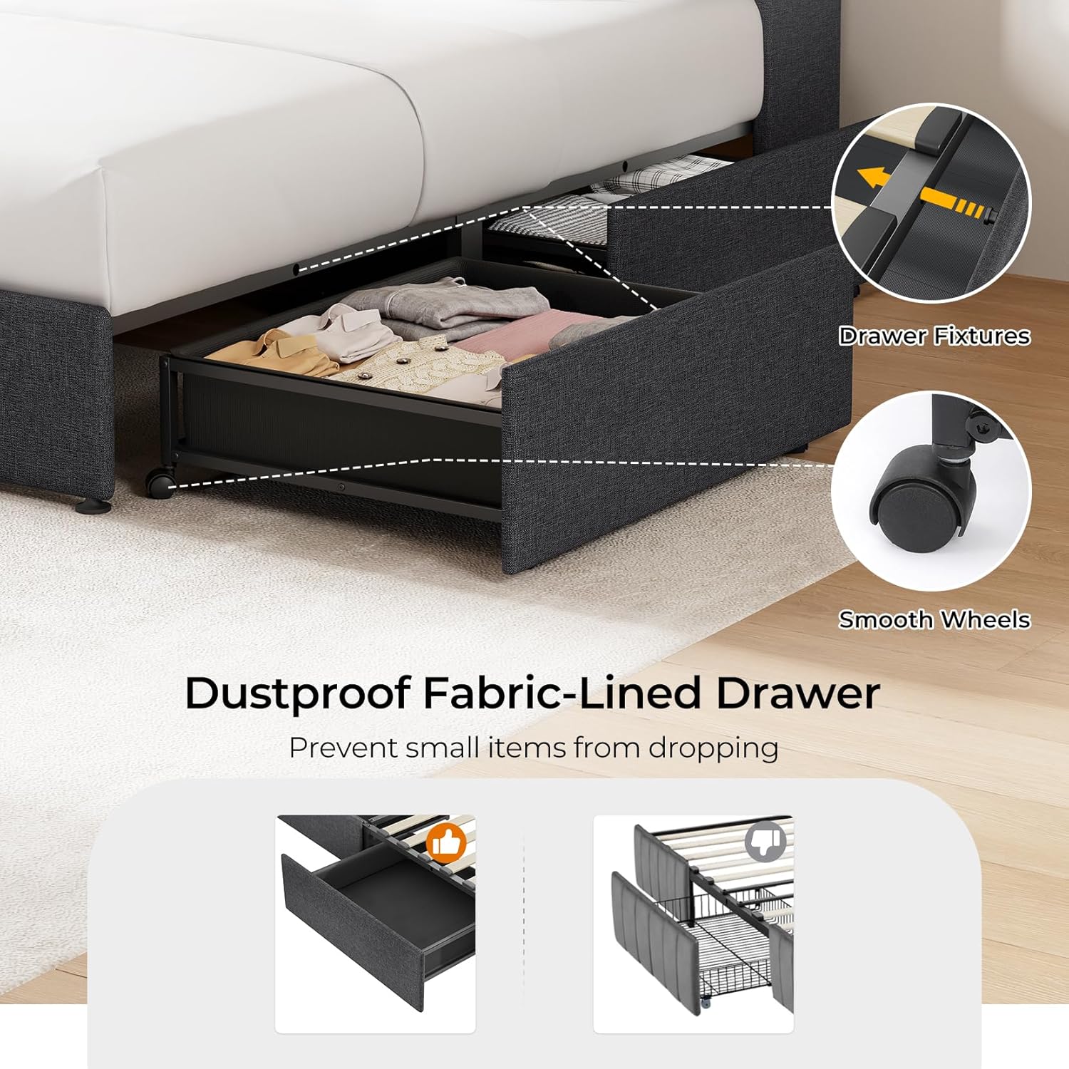 Upholstered Bed Frame with 4 Storage Drawers,wingback Platform Bed Frames with RGB LED & USB Charging