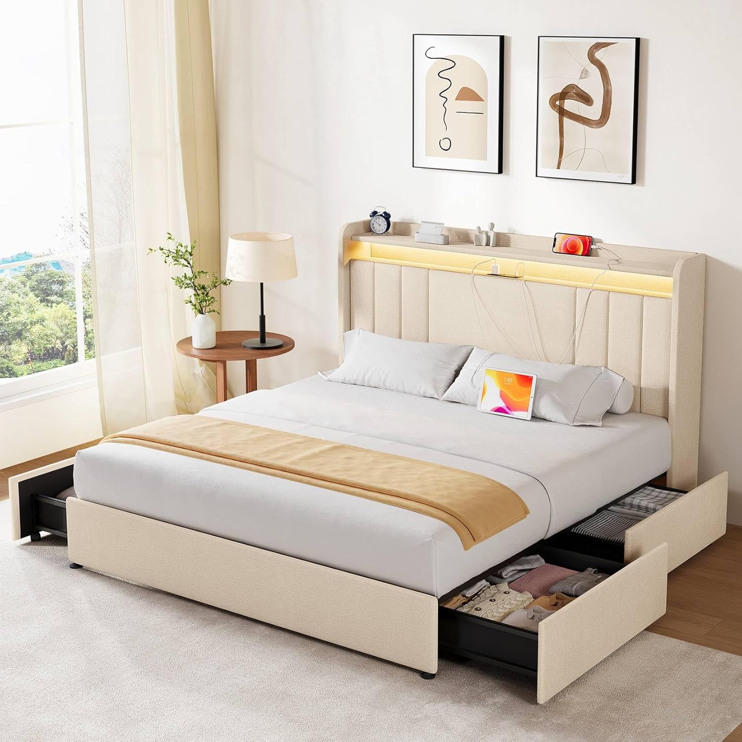 Upholstered Bed Frame with 4 Storage Drawers,wingback Platform Bed Frames with RGB LED & USB Charging