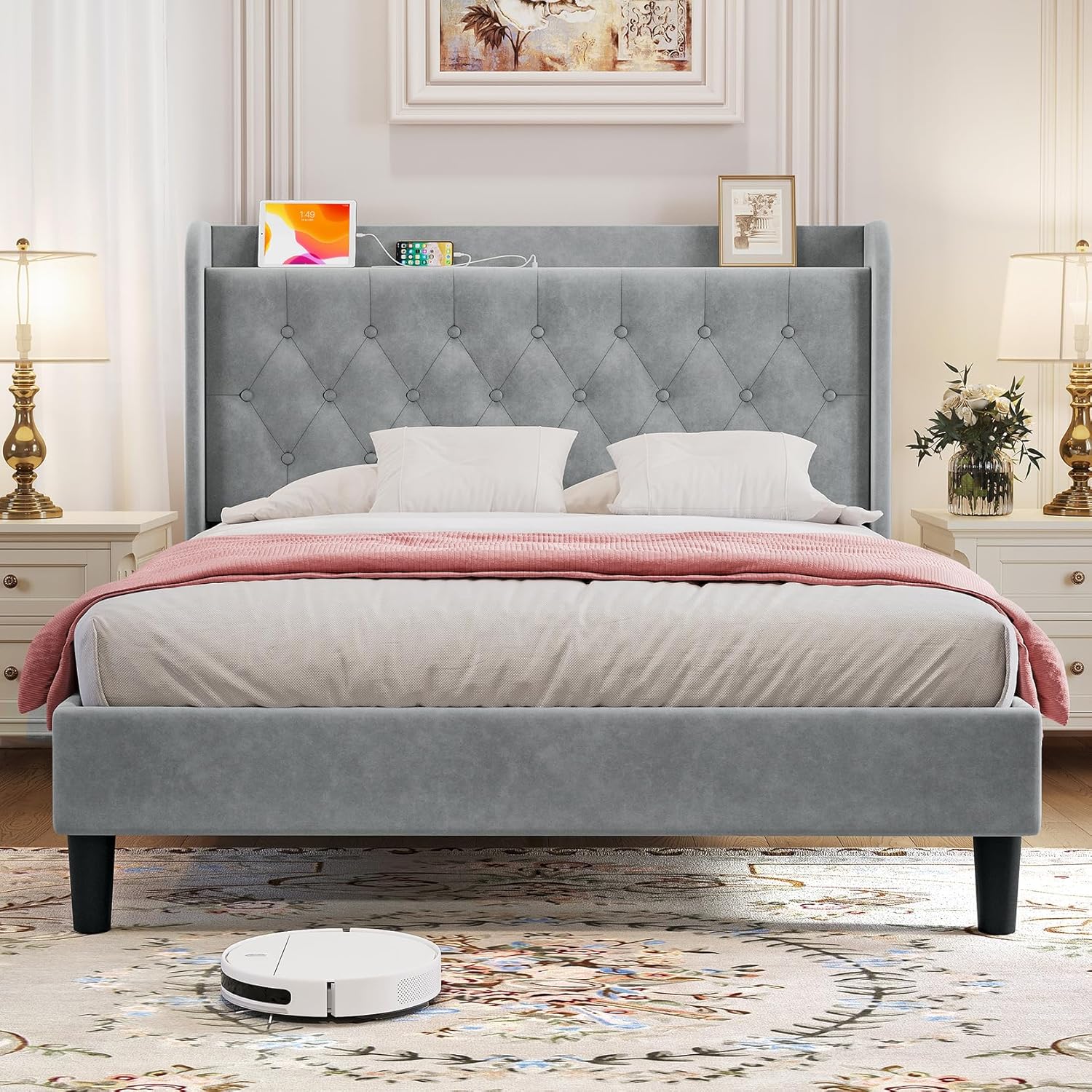 Bed Frame with Wingback Storage Headboard, Adjustable Velvet Upholstered Bed Frame