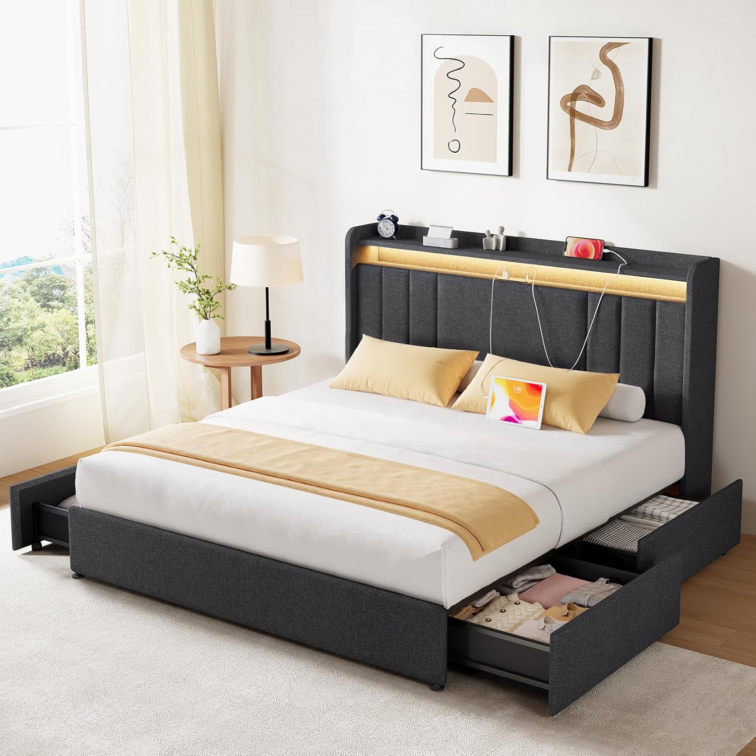 Upholstered Bed Frame with 4 Storage Drawers,wingback Platform Bed Frames with RGB LED & USB Charging
