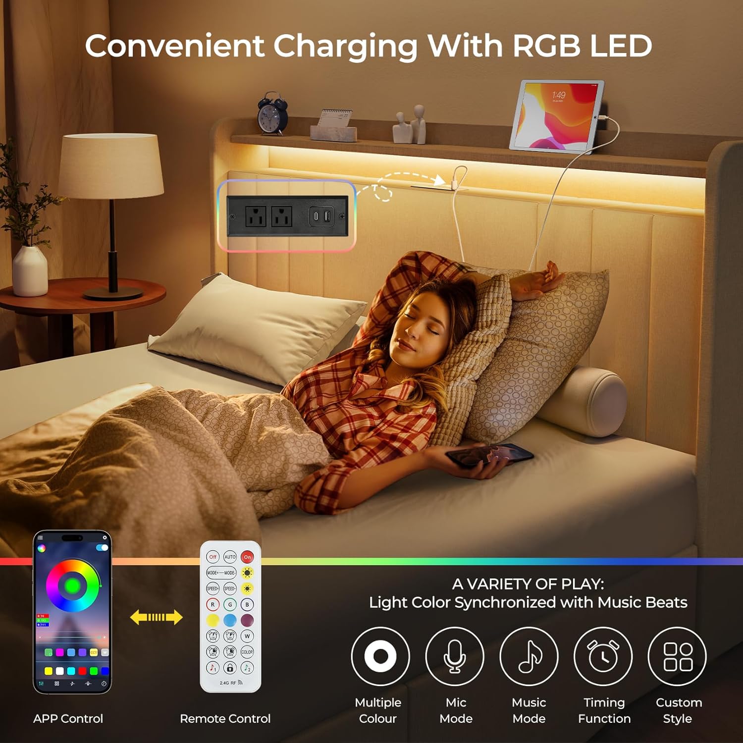 Upholstered Bed Frame with 4 Storage Drawers,wingback Platform Bed Frames with RGB LED & USB Charging