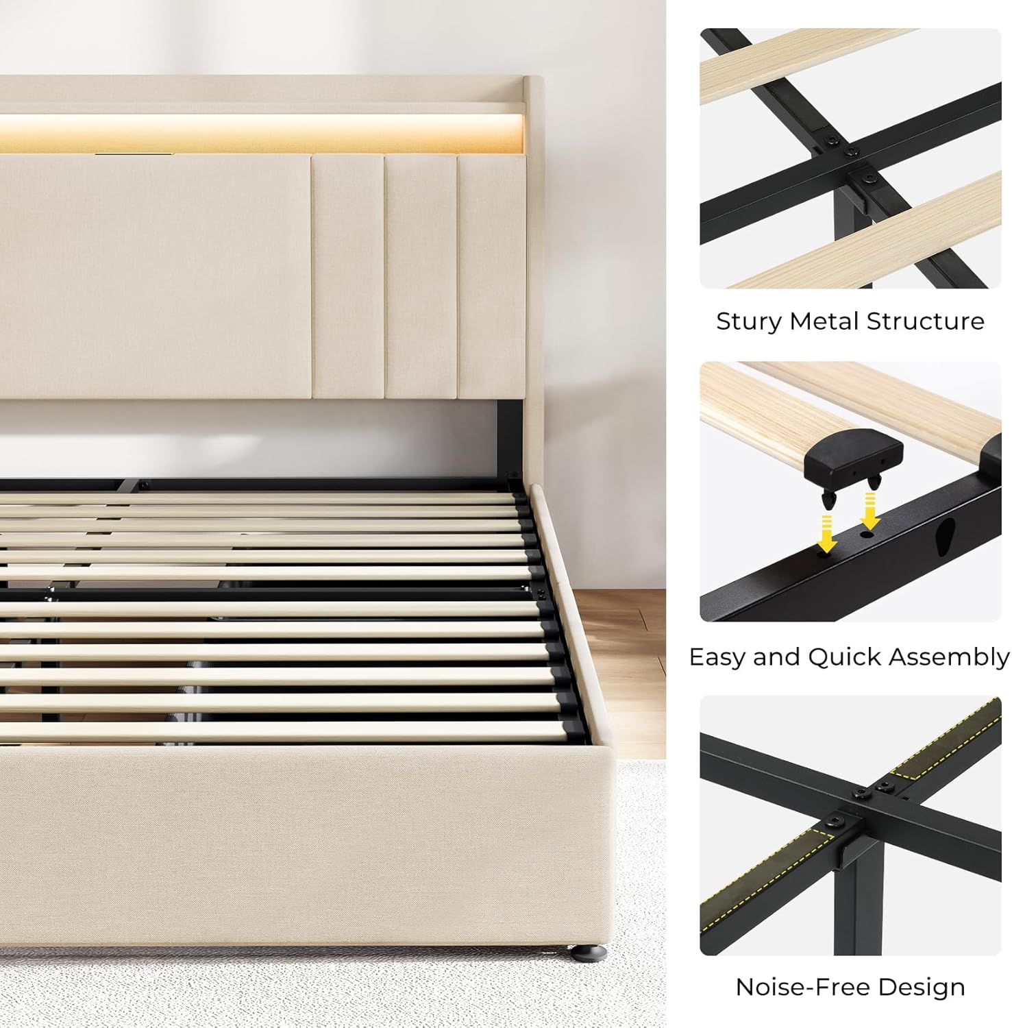 Upholstered Bed Frame with 4 Storage Drawers,wingback Platform Bed Frames with RGB LED & USB Charging