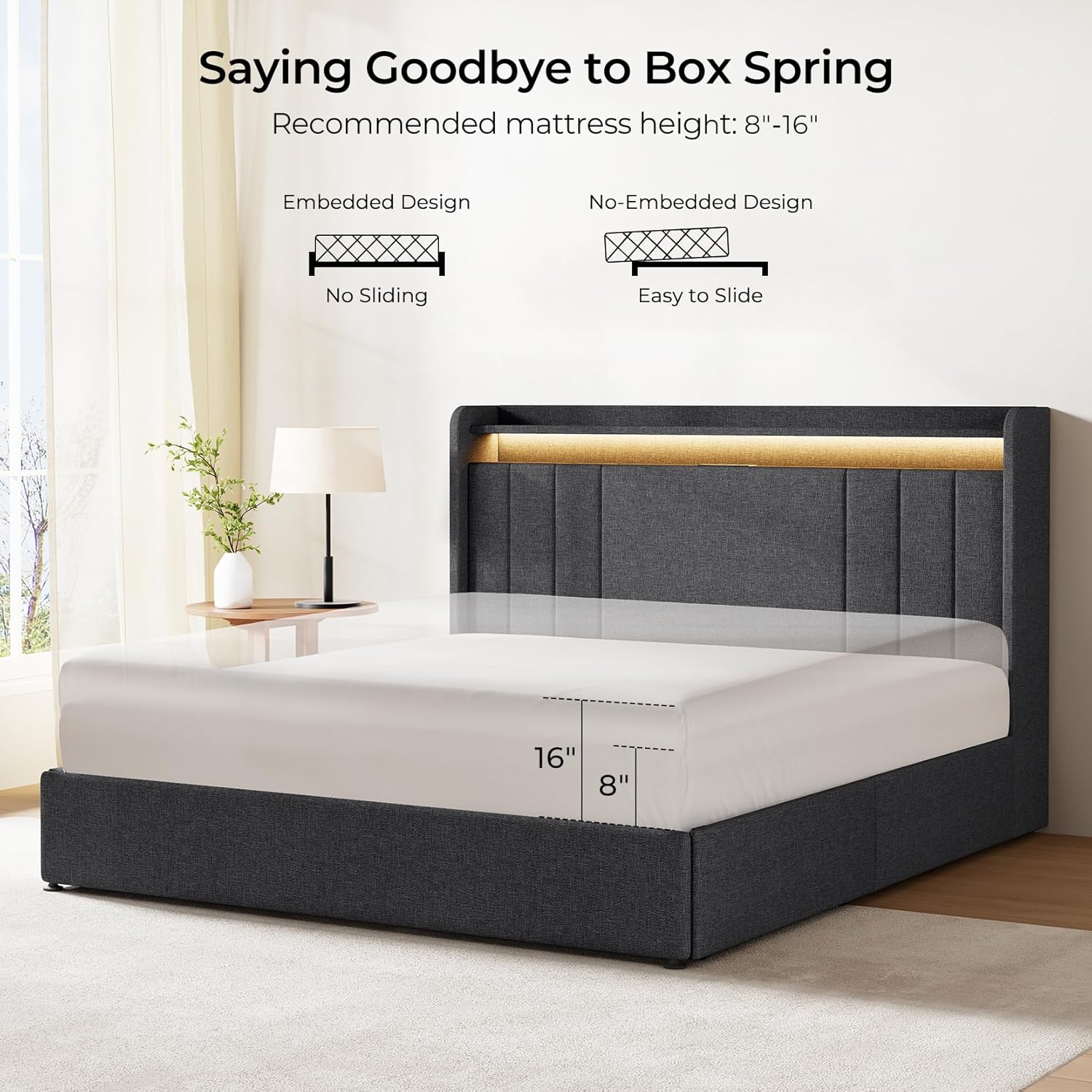 Upholstered Bed Frame with 4 Storage Drawers,wingback Platform Bed Frames with RGB LED & USB Charging