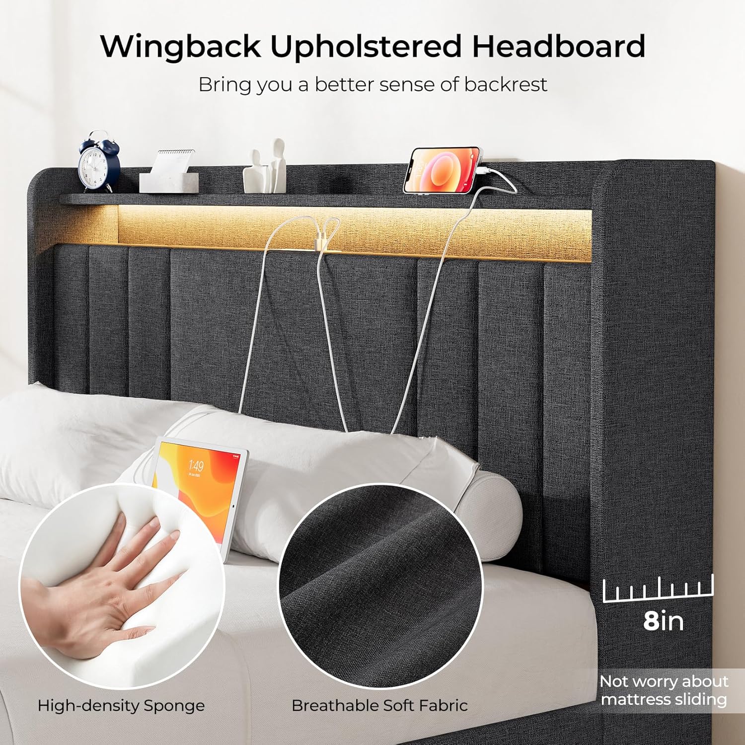 Upholstered Bed Frame with 4 Storage Drawers,wingback Platform Bed Frames with RGB LED & USB Charging