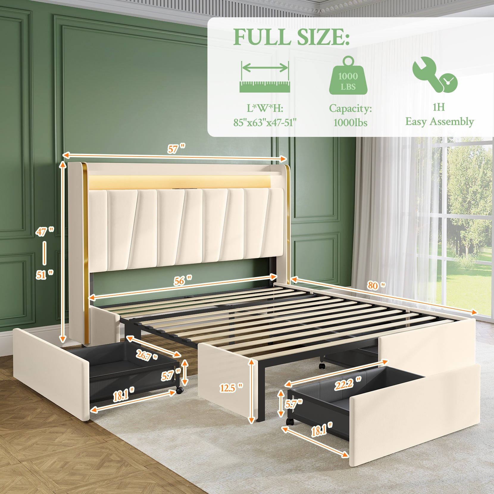 koorlian Full Size Bed Frame with 2-tier Storage Headboard and 4 Dustproof Drawers , 51”Tall Upholstered Platform Bed Frame with Adjustable Headboard, LED Lights, Charging Station, Easy Assembly, Beige