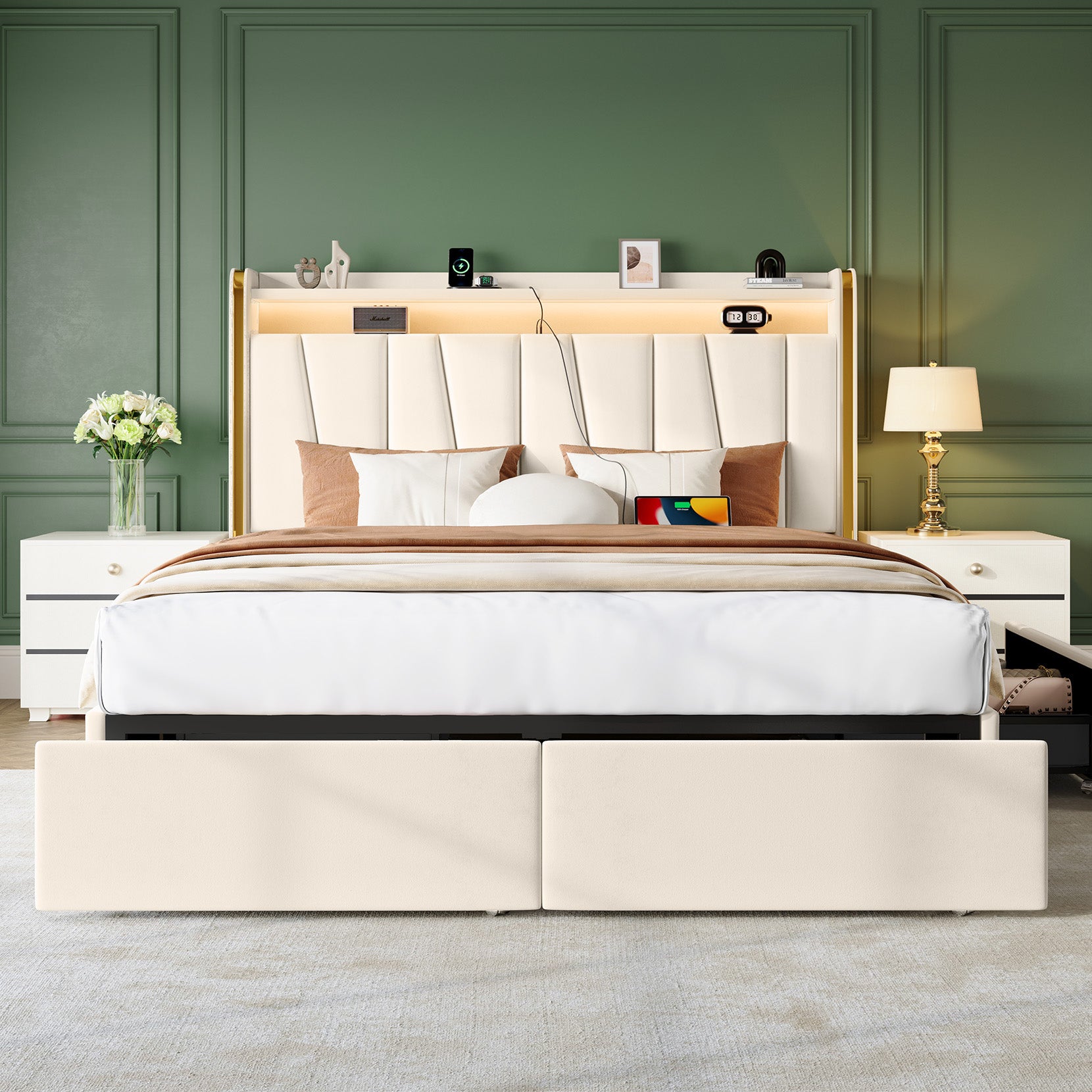 koorlian Full Size Bed Frame with 2-tier Storage Headboard and 4 Dustproof Drawers , 51”Tall Upholstered Platform Bed Frame with Adjustable Headboard, LED Lights, Charging Station, Easy Assembly, Beige