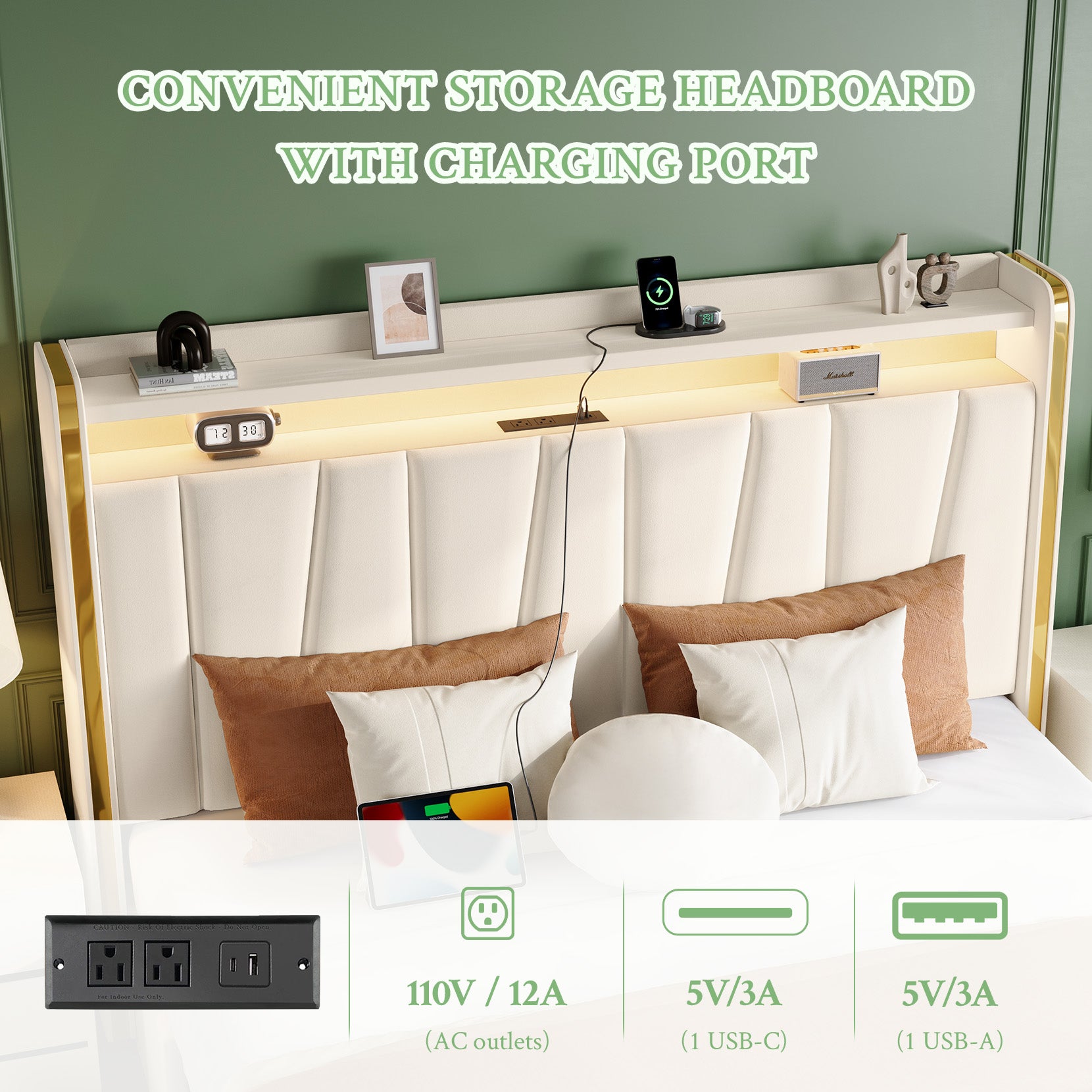 koorlian Full Size Bed Frame with 2-tier Storage Headboard and 4 Dustproof Drawers , 51”Tall Upholstered Platform Bed Frame with Adjustable Headboard, LED Lights, Charging Station, Easy Assembly, Beige