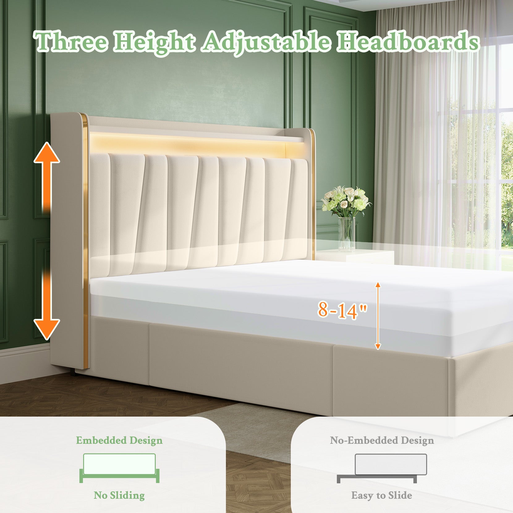 koorlian Full Size Bed Frame with 2-tier Storage Headboard and 4 Dustproof Drawers , 51”Tall Upholstered Platform Bed Frame with Adjustable Headboard, LED Lights, Charging Station, Easy Assembly, Beige