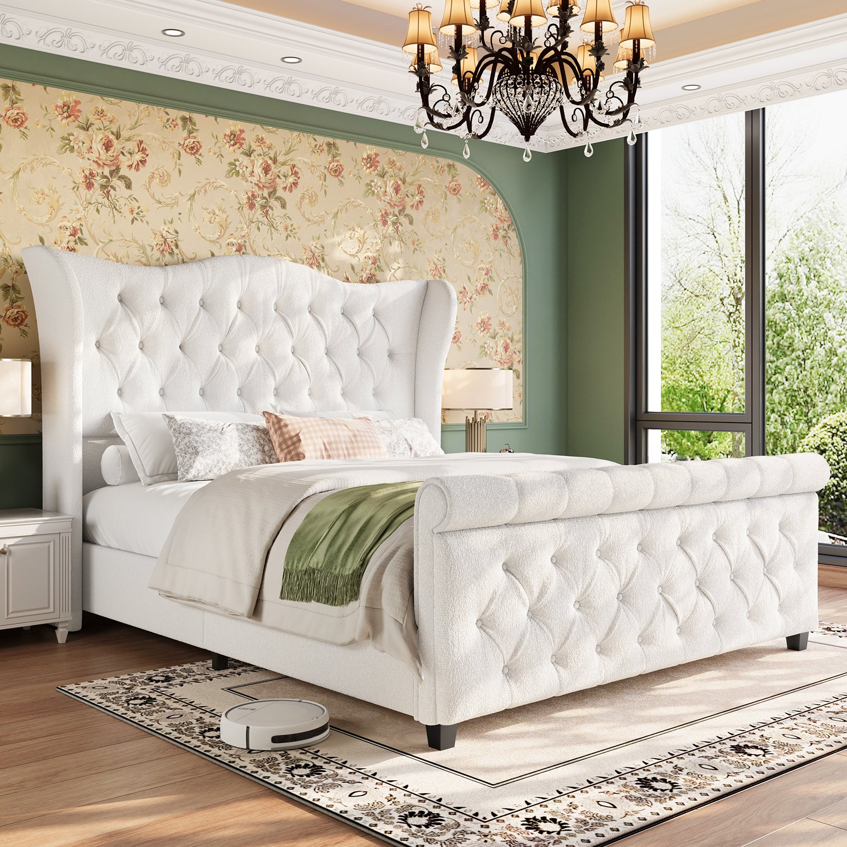 koorlian King Size Platform Bed Frame,Upholstered Sleigh Bed with 51 inch Tall Headboard Footboard,Modern Chenille Bed,Luxury Button Tufted,Sturdy Wood Slats Support,Cream