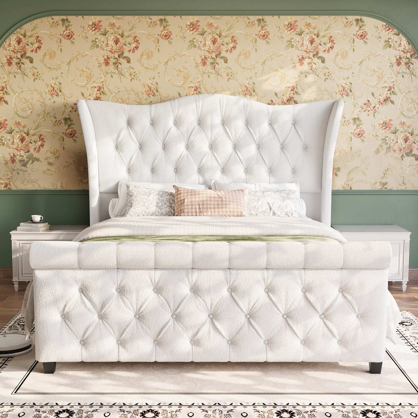 koorlian King Size Platform Bed Frame,Upholstered Sleigh Bed with 51 inch Tall Headboard Footboard,Modern Chenille Bed,Luxury Button Tufted,Sturdy Wood Slats Support,Cream