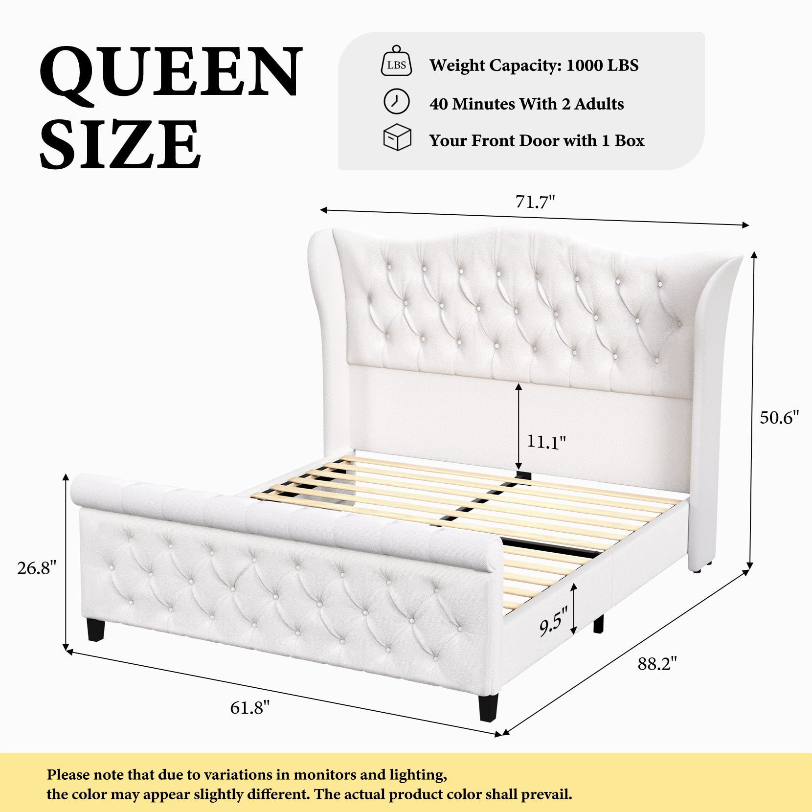 koorlian King Size Platform Bed Frame,Upholstered Sleigh Bed with 51 inch Tall Headboard Footboard,Modern Chenille Bed,Luxury Button Tufted,Sturdy Wood Slats Support,Cream