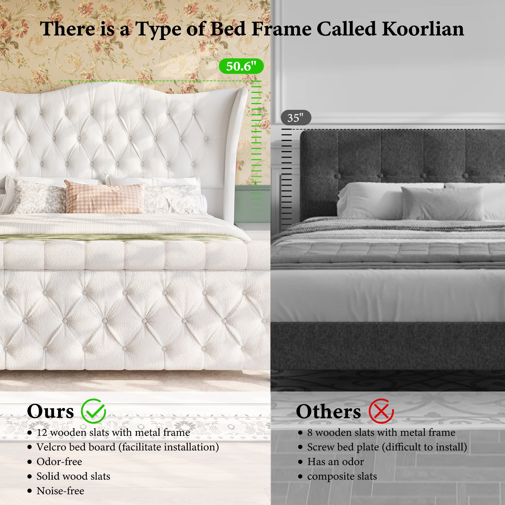 koorlian King Size Platform Bed Frame,Upholstered Sleigh Bed with 51 inch Tall Headboard Footboard,Modern Chenille Bed,Luxury Button Tufted,Sturdy Wood Slats Support,Cream