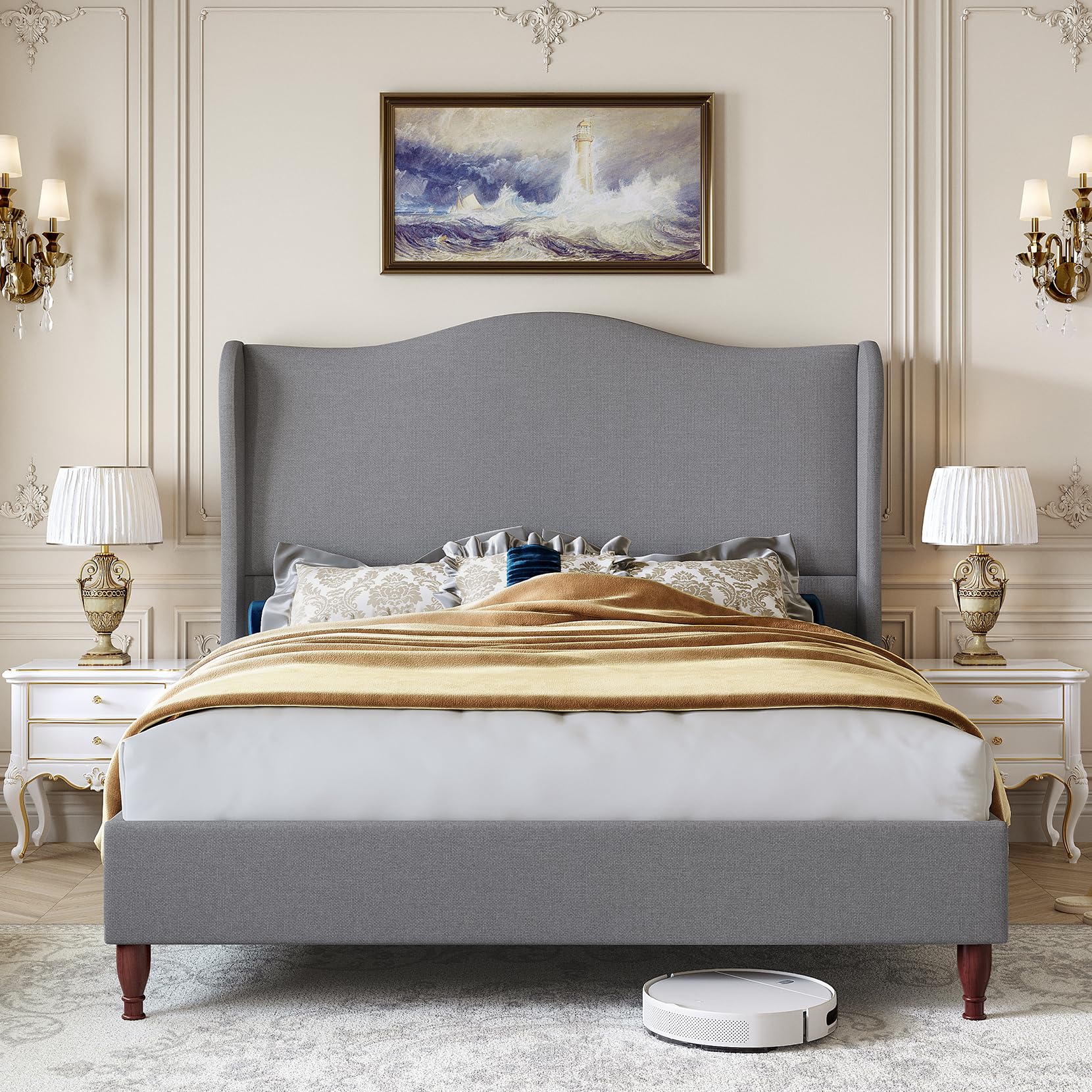Soft fabric retro simple style bed frame upholstered platform bed