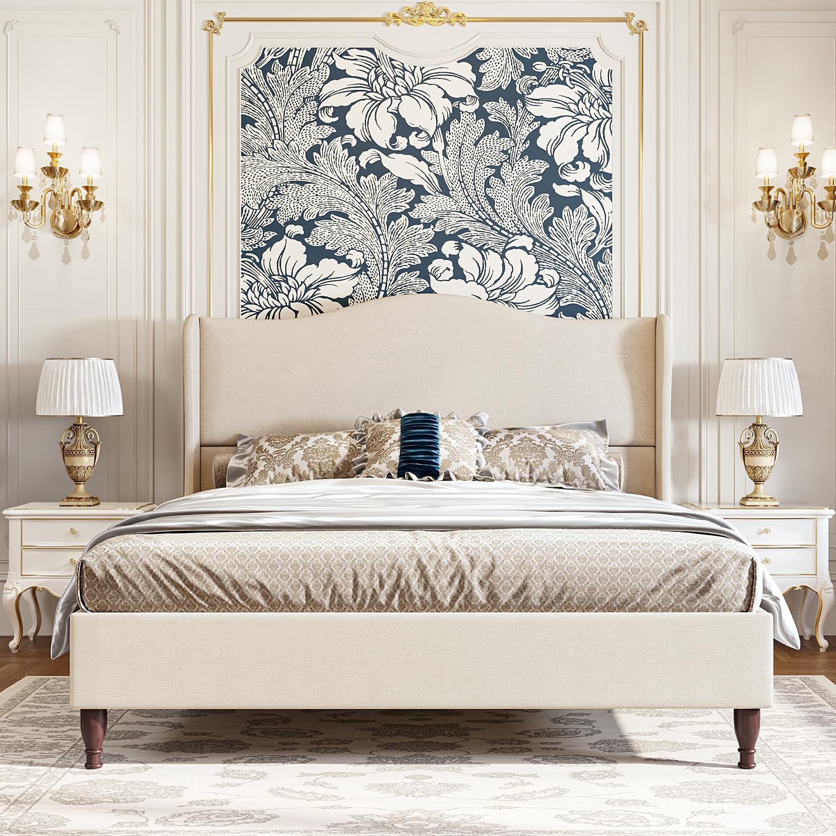 Soft fabric retro simple style bed frame upholstered platform bed