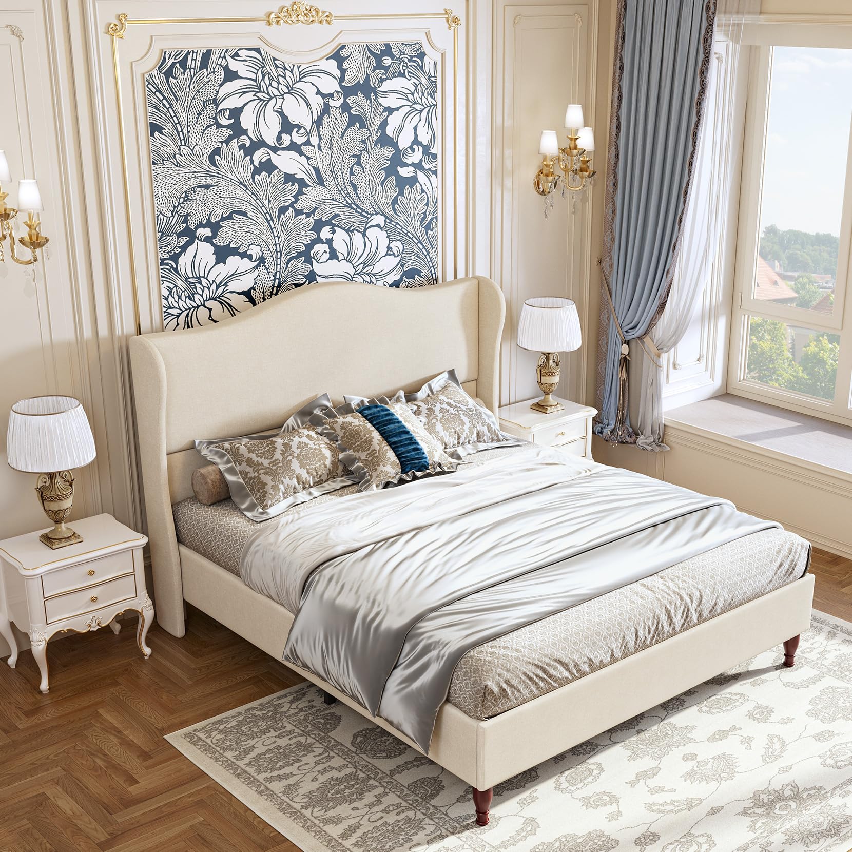 Soft fabric retro simple style bed frame upholstered platform bed